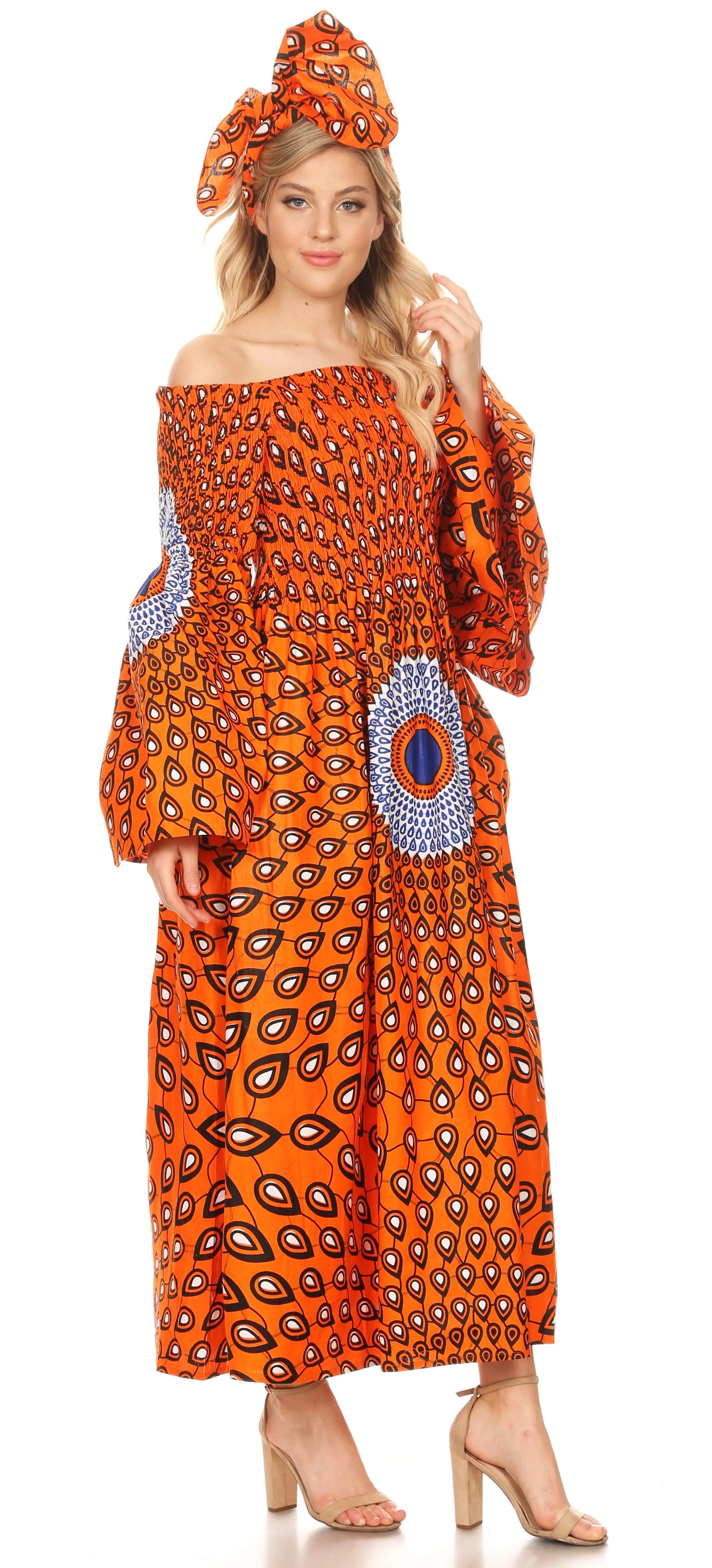 Sakkas Akela Women's Gypsy Peasant Boho Smocked Dress in African Ankara Print