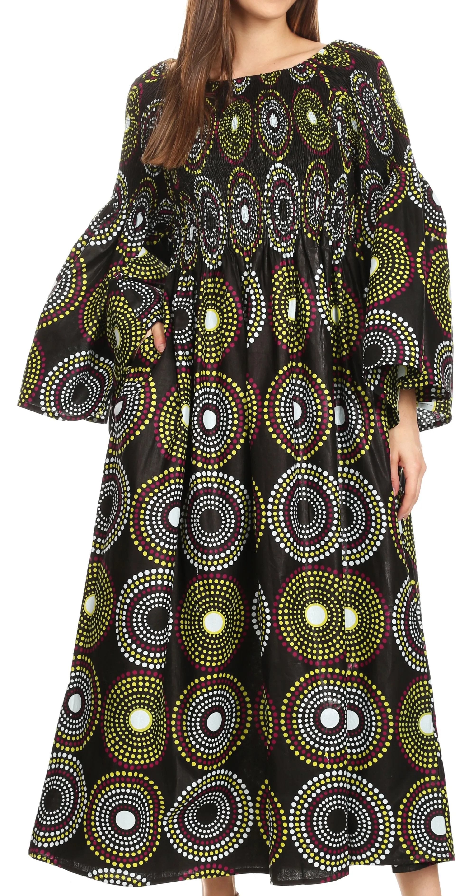 Sakkas Akela Women's Gypsy Peasant Boho Smocked Dress in African Ankara Print