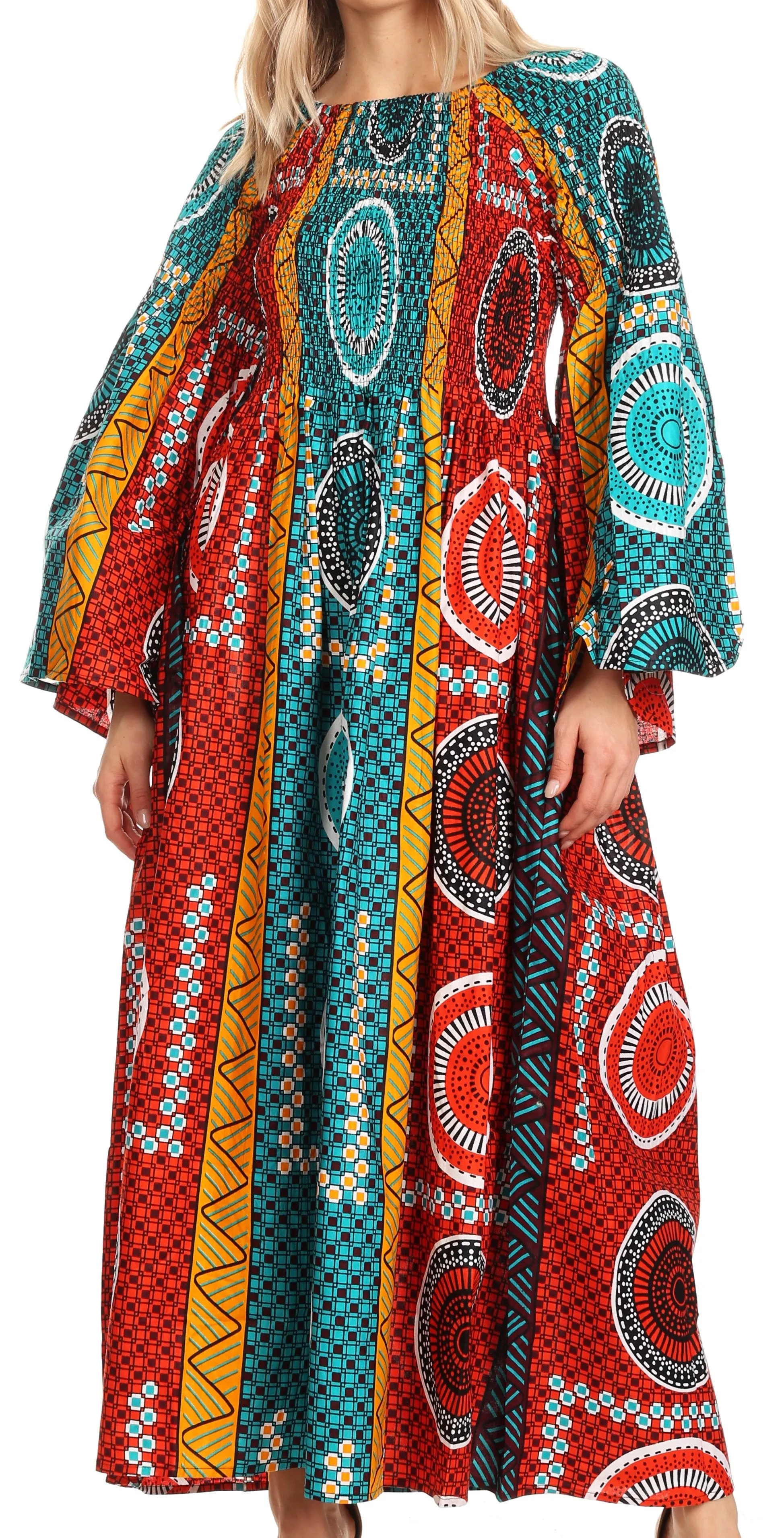 Sakkas Akela Women's Gypsy Peasant Boho Smocked Dress in African Ankara Print