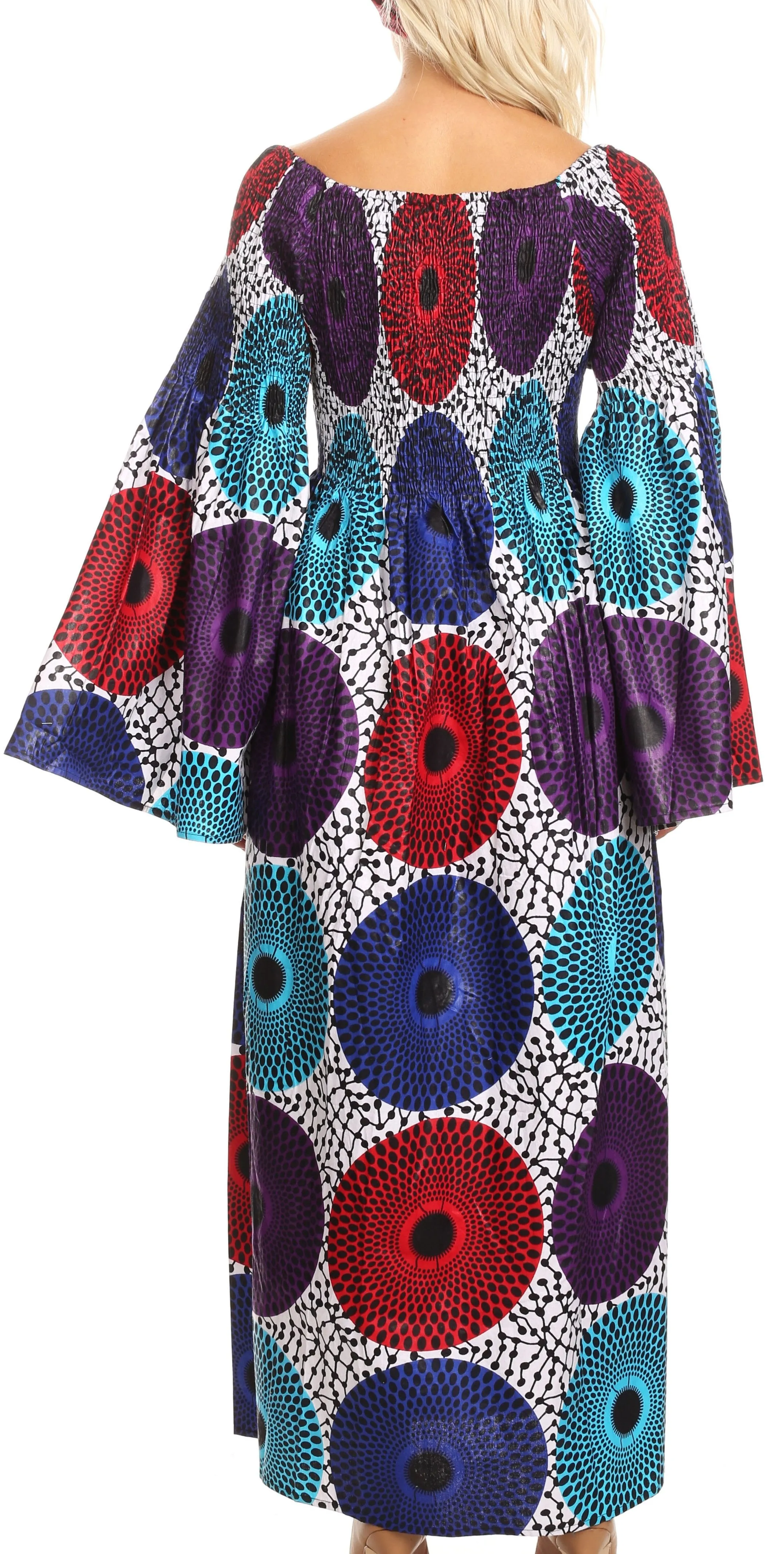 Sakkas Akela Women's Gypsy Peasant Boho Smocked Dress in African Ankara Print