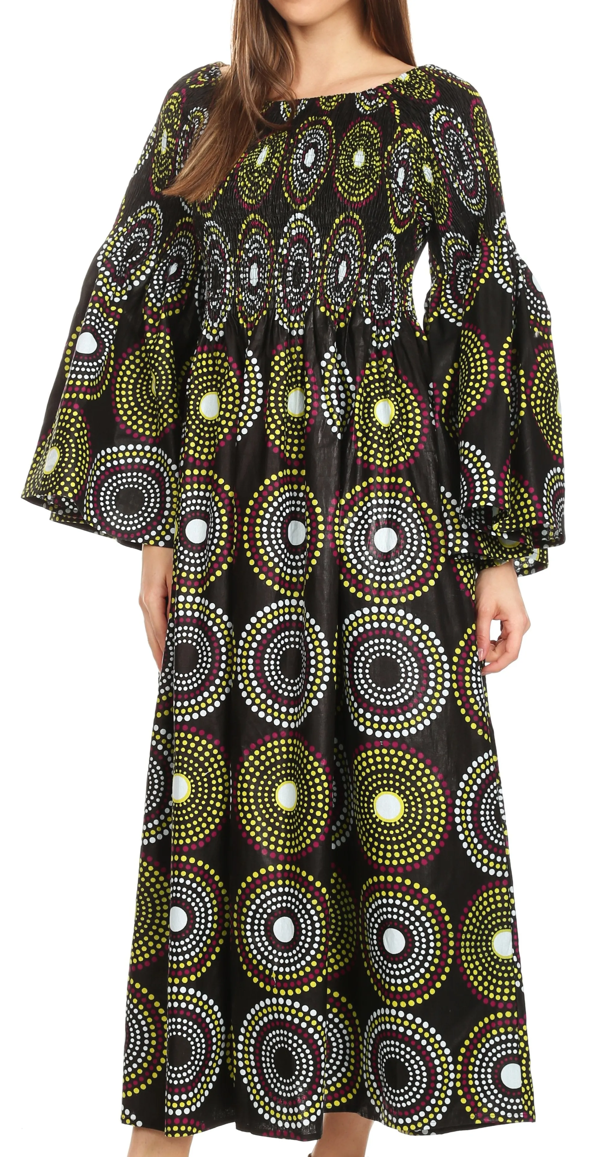 Sakkas Akela Women's Gypsy Peasant Boho Smocked Dress in African Ankara Print