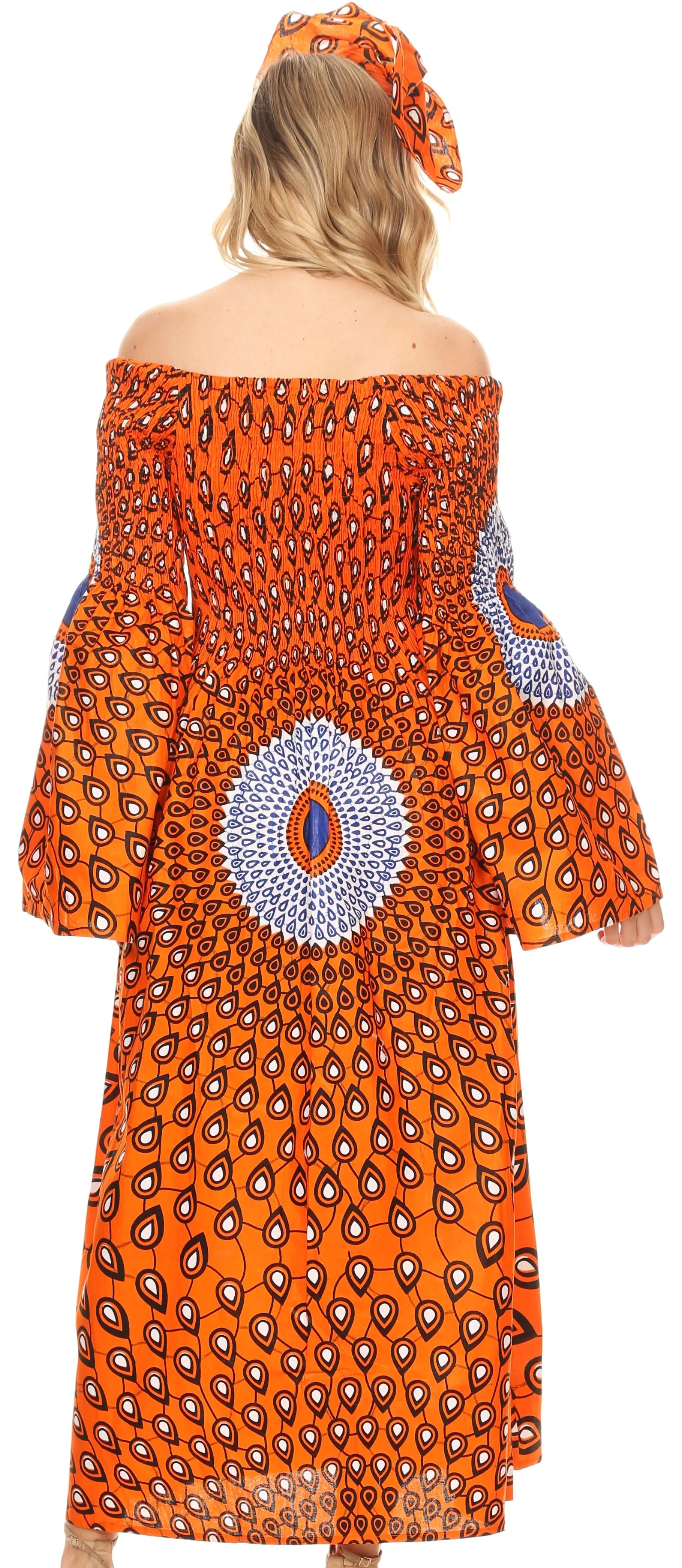 Sakkas Akela Women's Gypsy Peasant Boho Smocked Dress in African Ankara Print