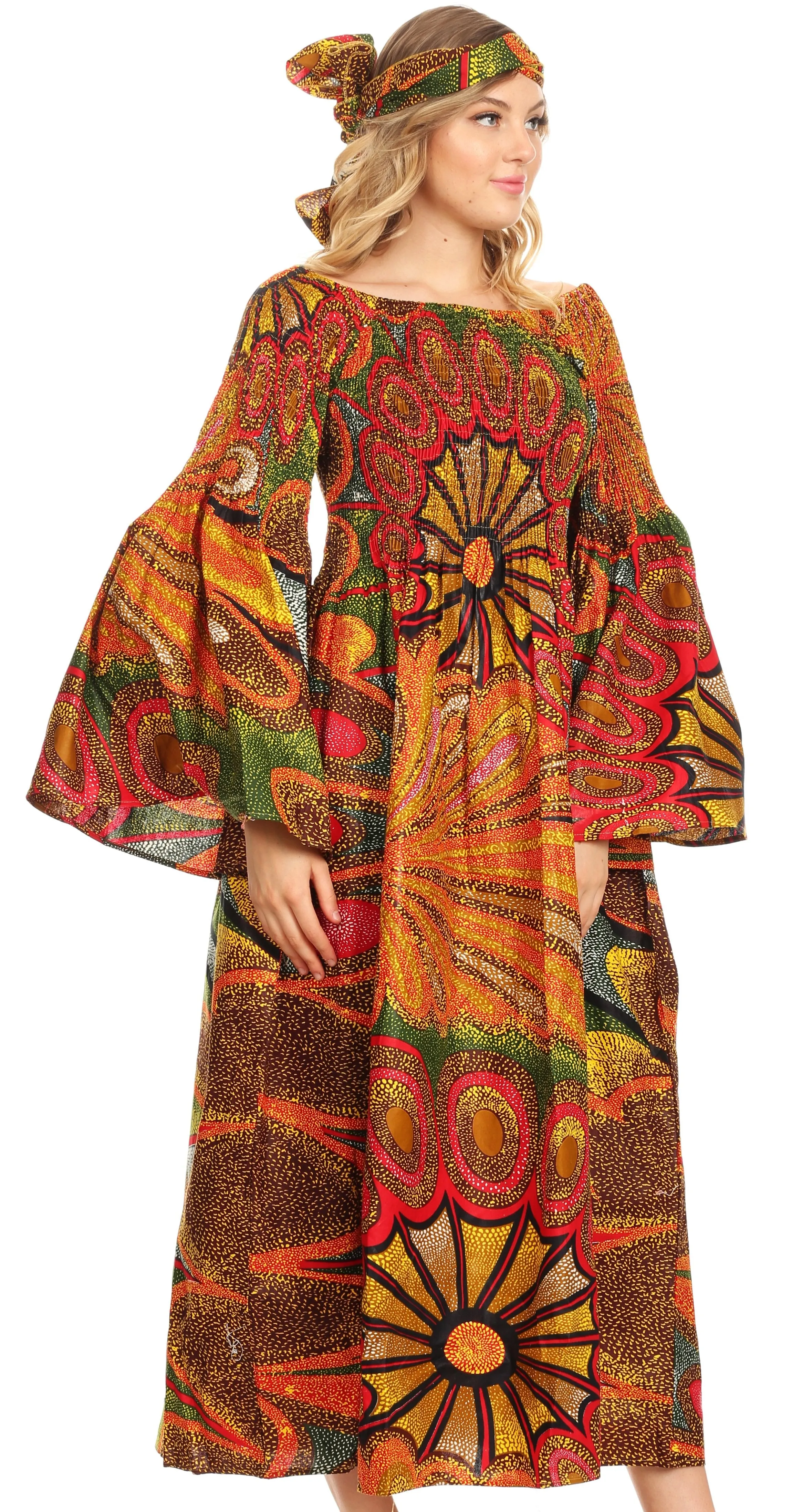 Sakkas Akela Women's Gypsy Peasant Boho Smocked Dress in African Ankara Print