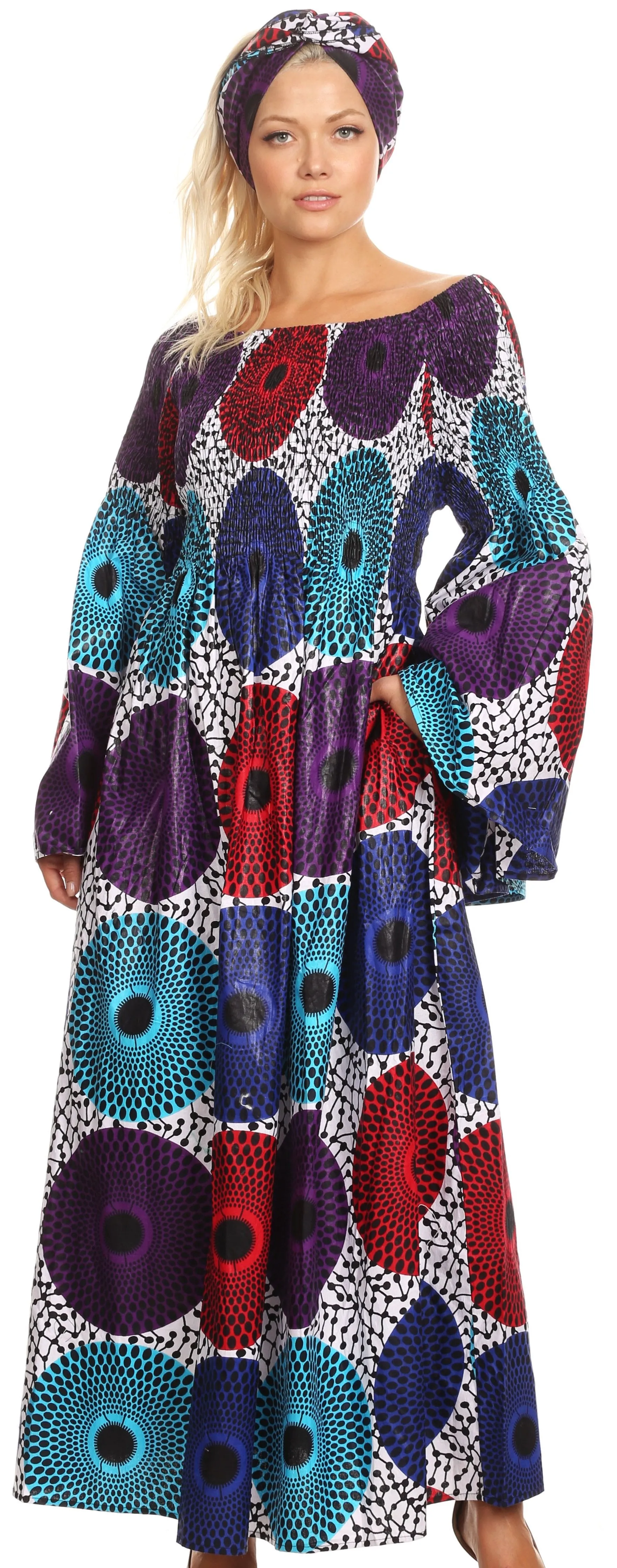 Sakkas Akela Women's Gypsy Peasant Boho Smocked Dress in African Ankara Print