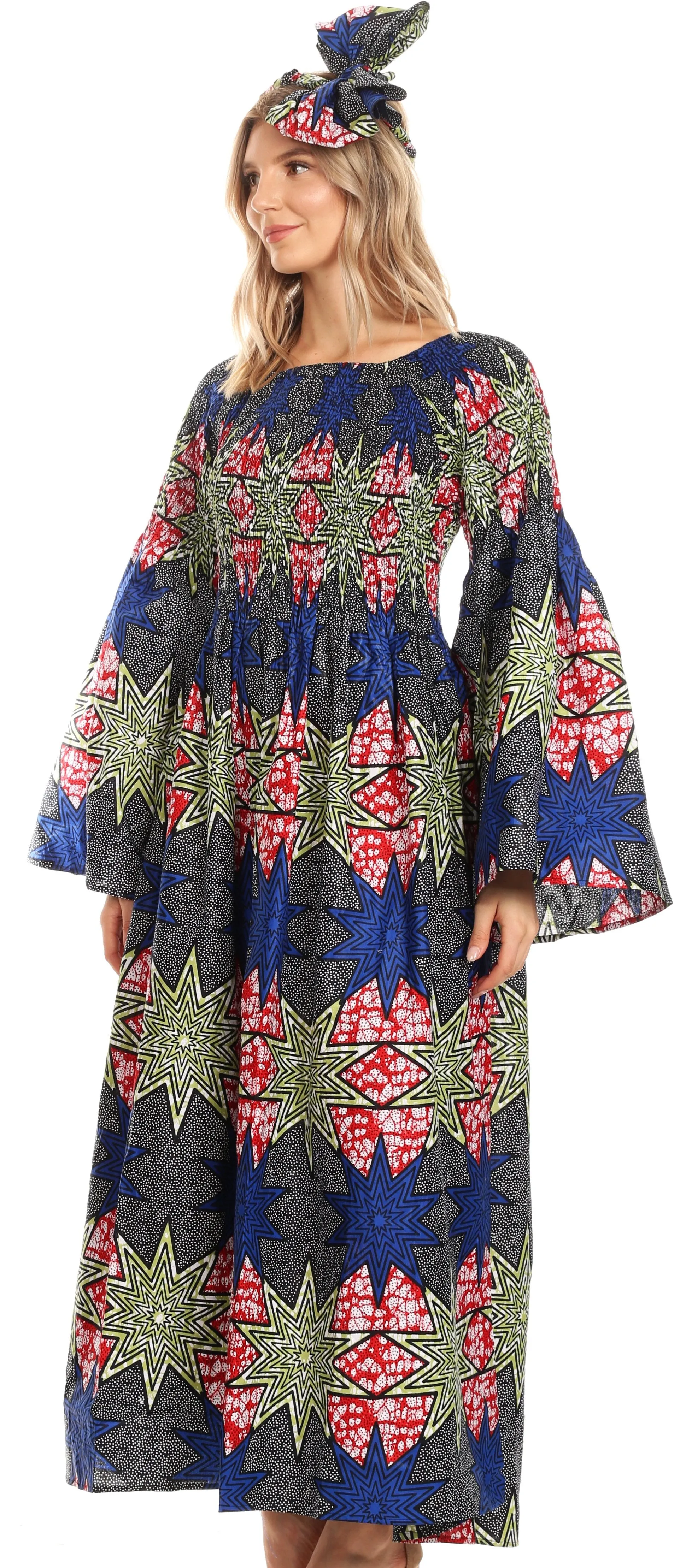 Sakkas Akela Women's Gypsy Peasant Boho Smocked Dress in African Ankara Print