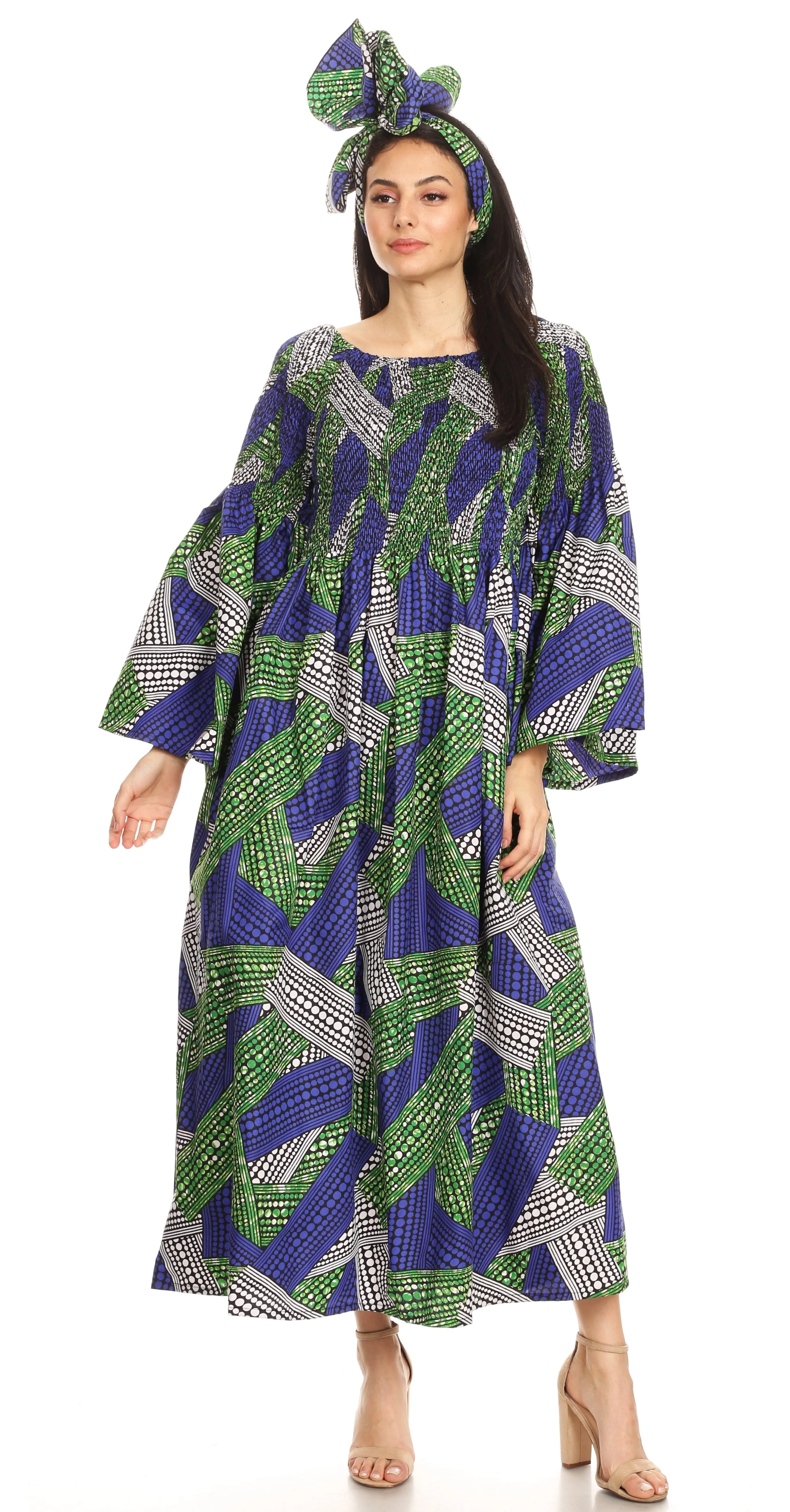 Sakkas Akela Women's Gypsy Peasant Boho Smocked Dress in African Ankara Print