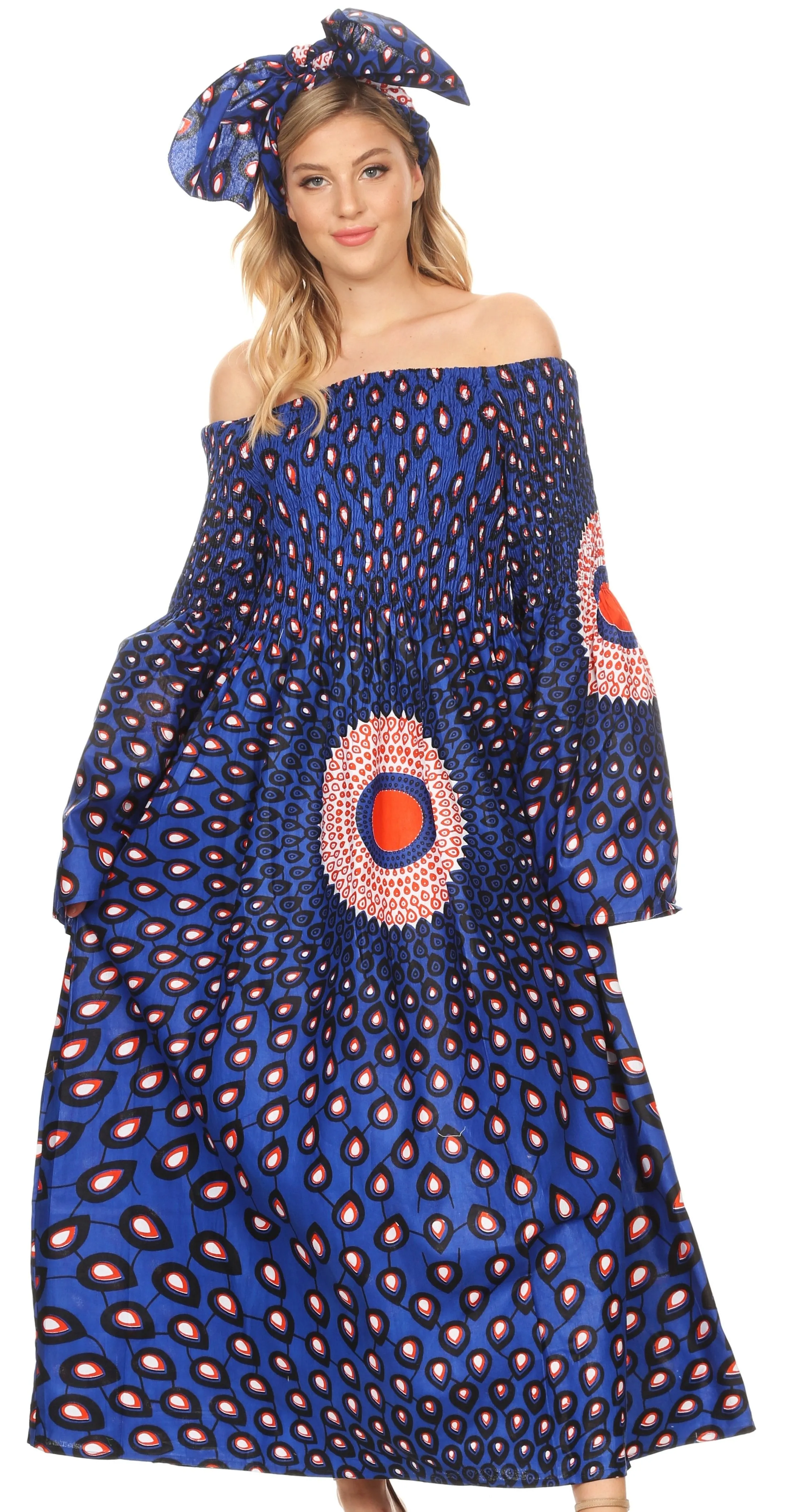 Sakkas Akela Women's Gypsy Peasant Boho Smocked Dress in African Ankara Print