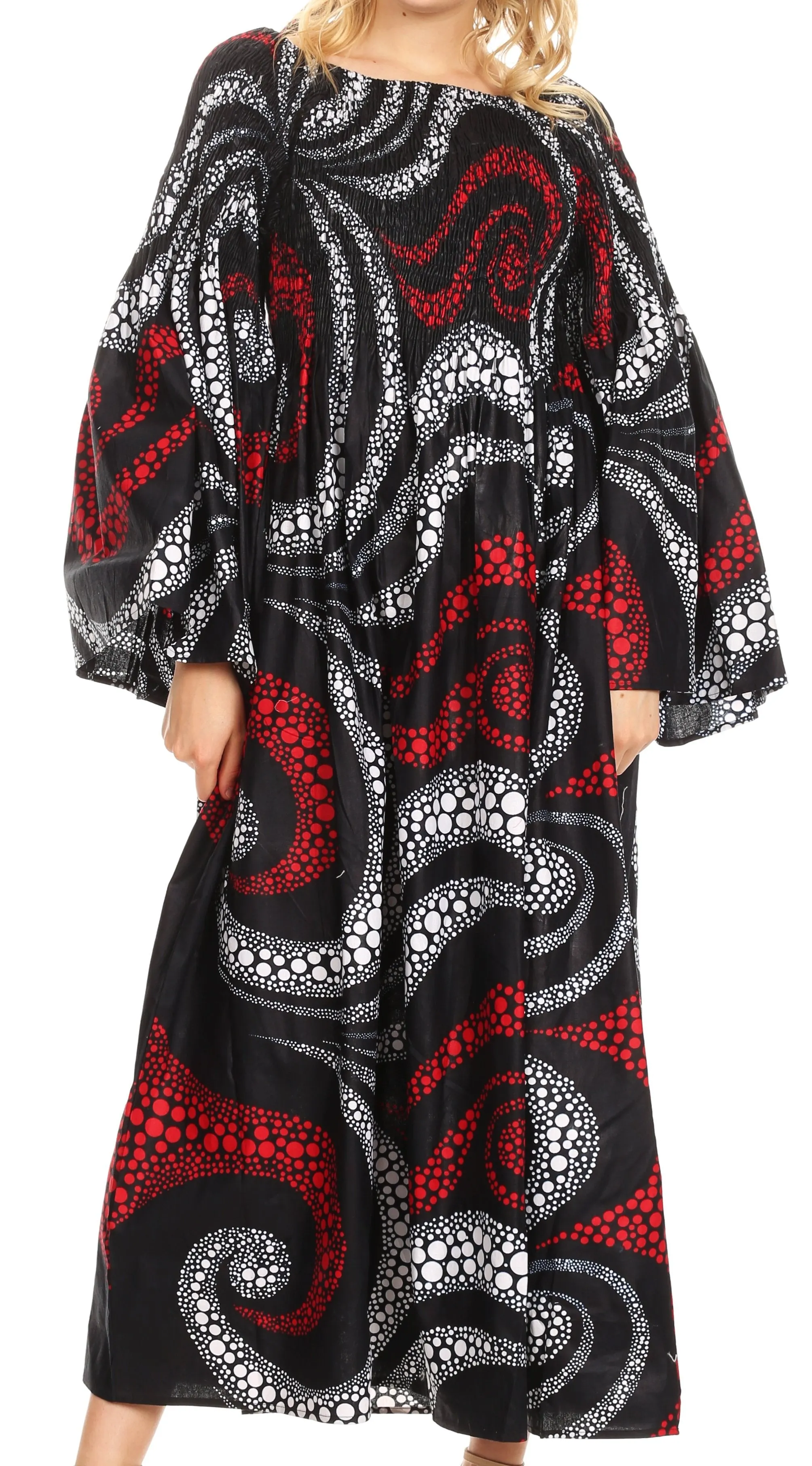 Sakkas Akela Women's Gypsy Peasant Boho Smocked Dress in African Ankara Print