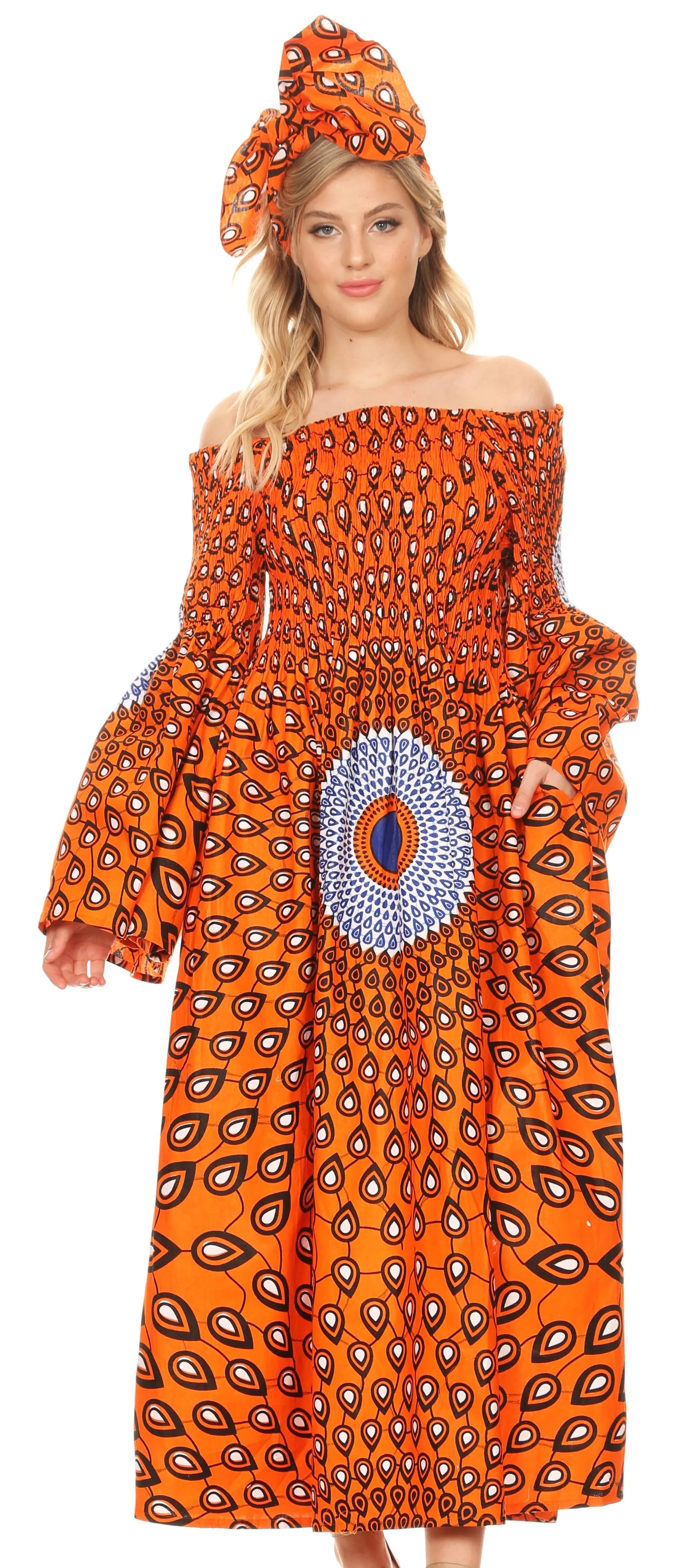 Sakkas Akela Women's Gypsy Peasant Boho Smocked Dress in African Ankara Print