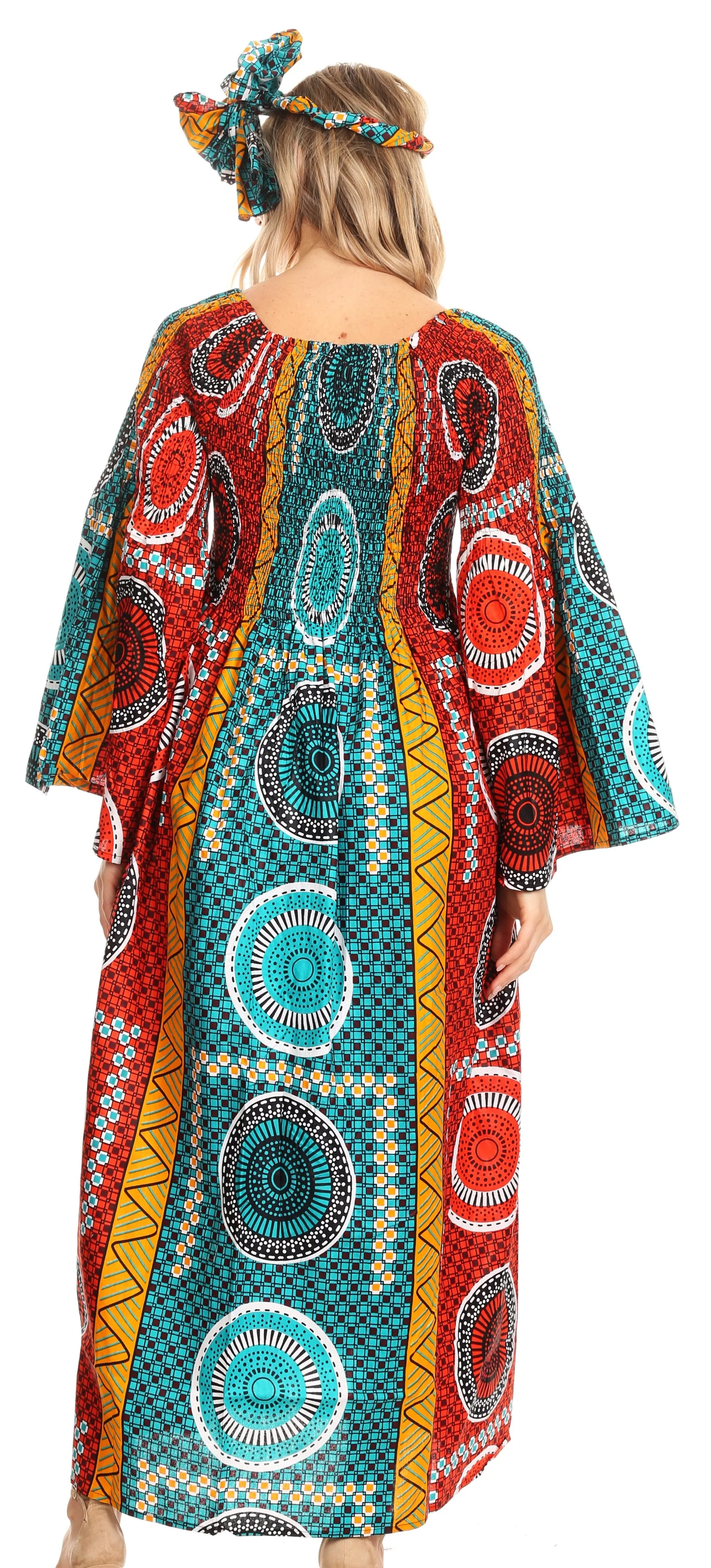 Sakkas Akela Women's Gypsy Peasant Boho Smocked Dress in African Ankara Print