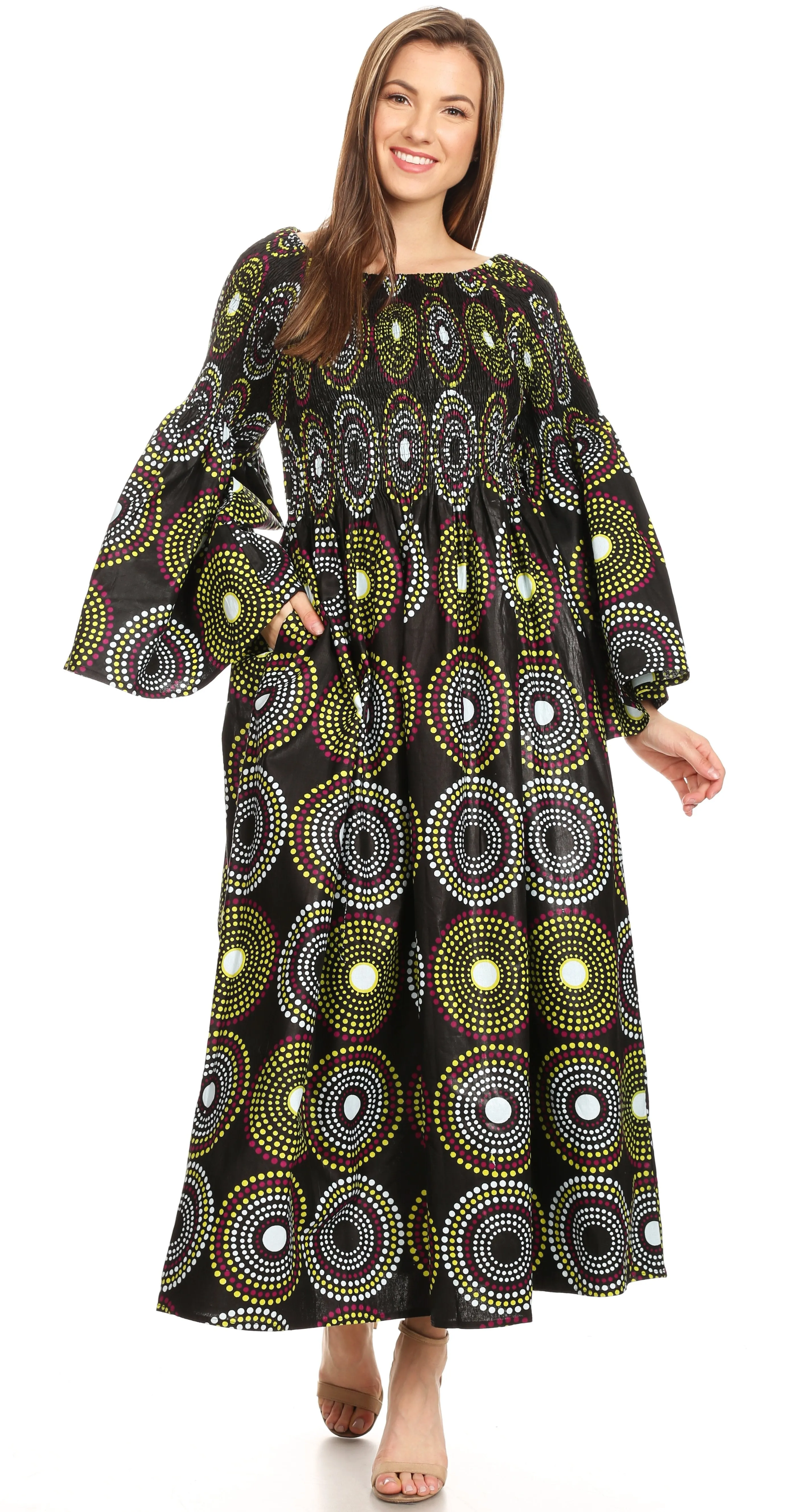 Sakkas Akela Women's Gypsy Peasant Boho Smocked Dress in African Ankara Print