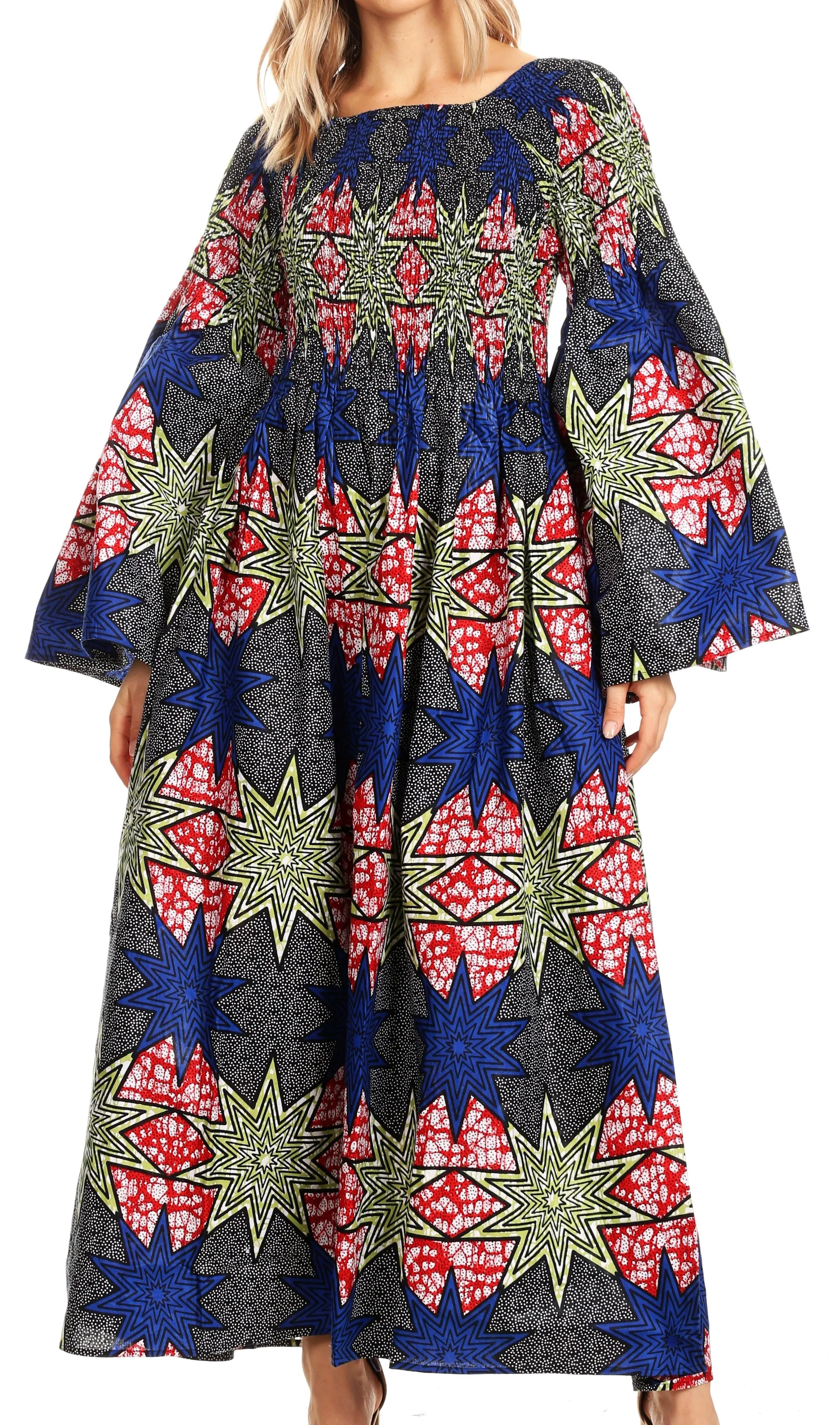 Sakkas Akela Women's Gypsy Peasant Boho Smocked Dress in African Ankara Print