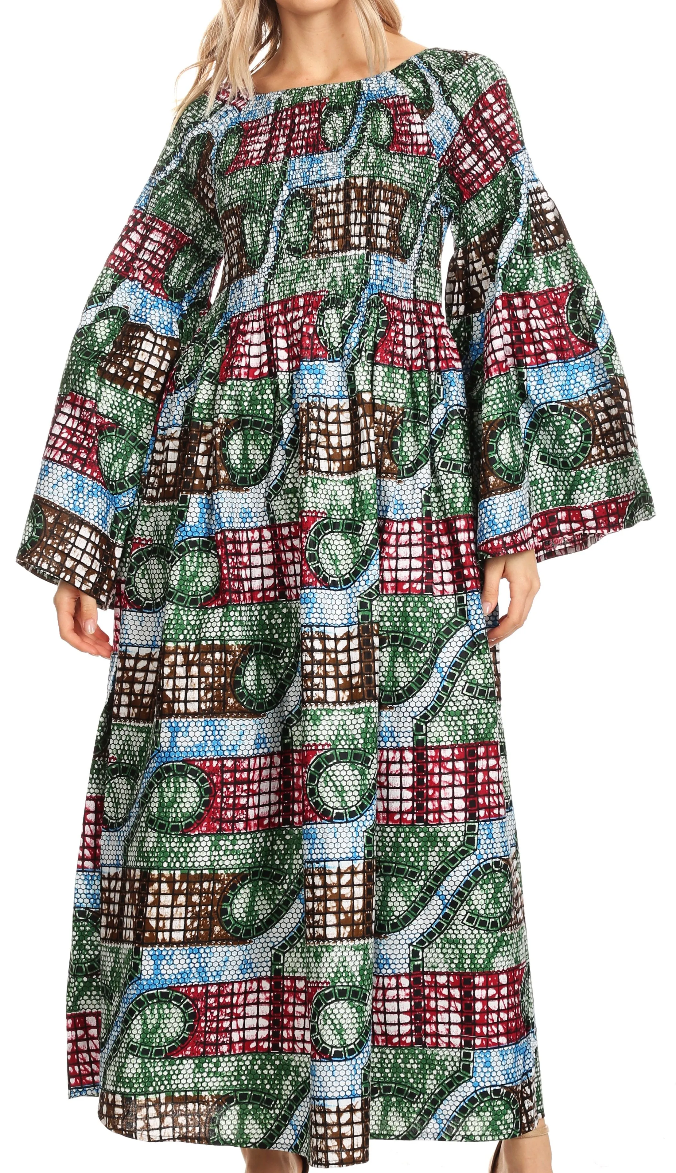 Sakkas Akela Women's Gypsy Peasant Boho Smocked Dress in African Ankara Print