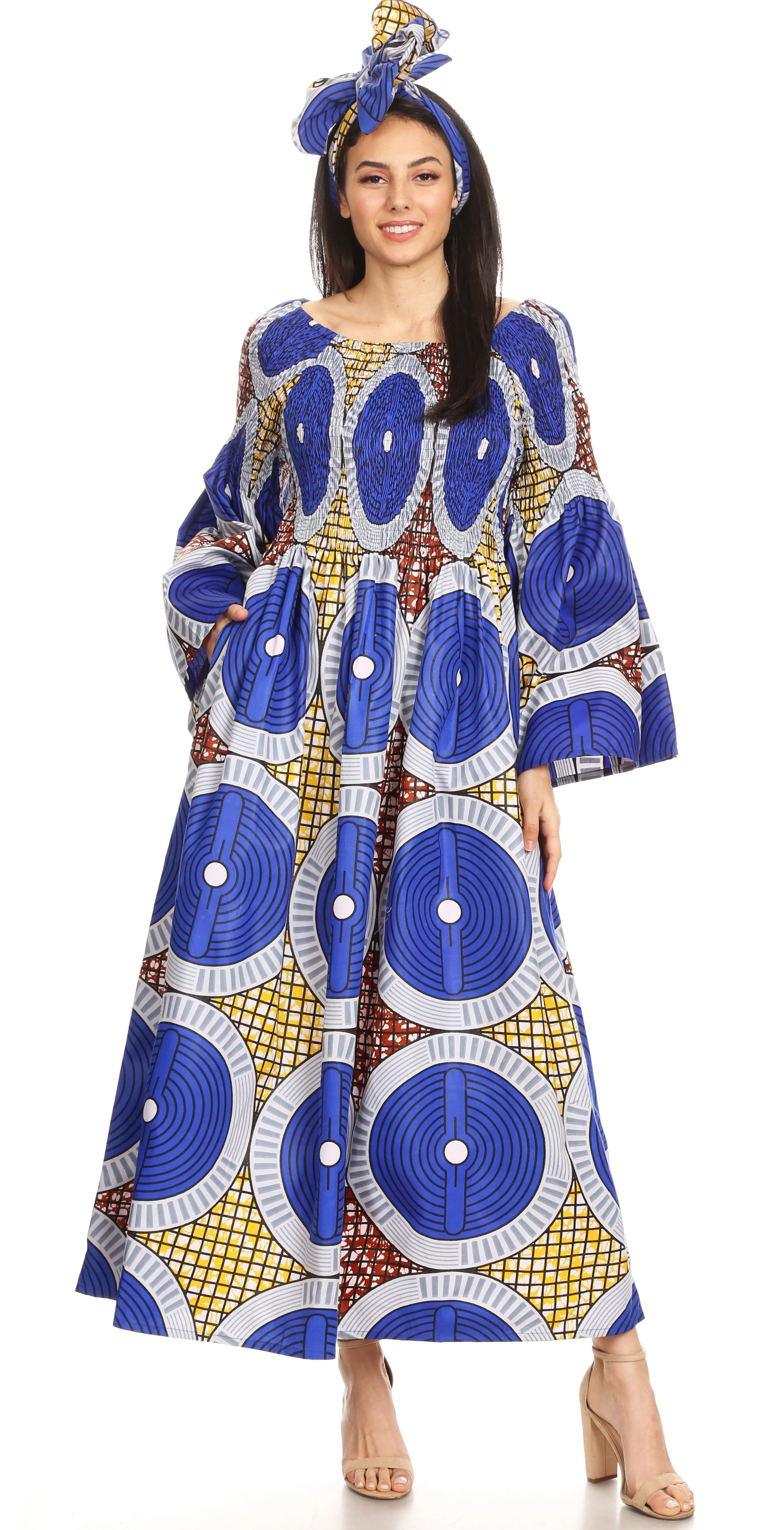 Sakkas Akela Women's Gypsy Peasant Boho Smocked Dress in African Ankara Print