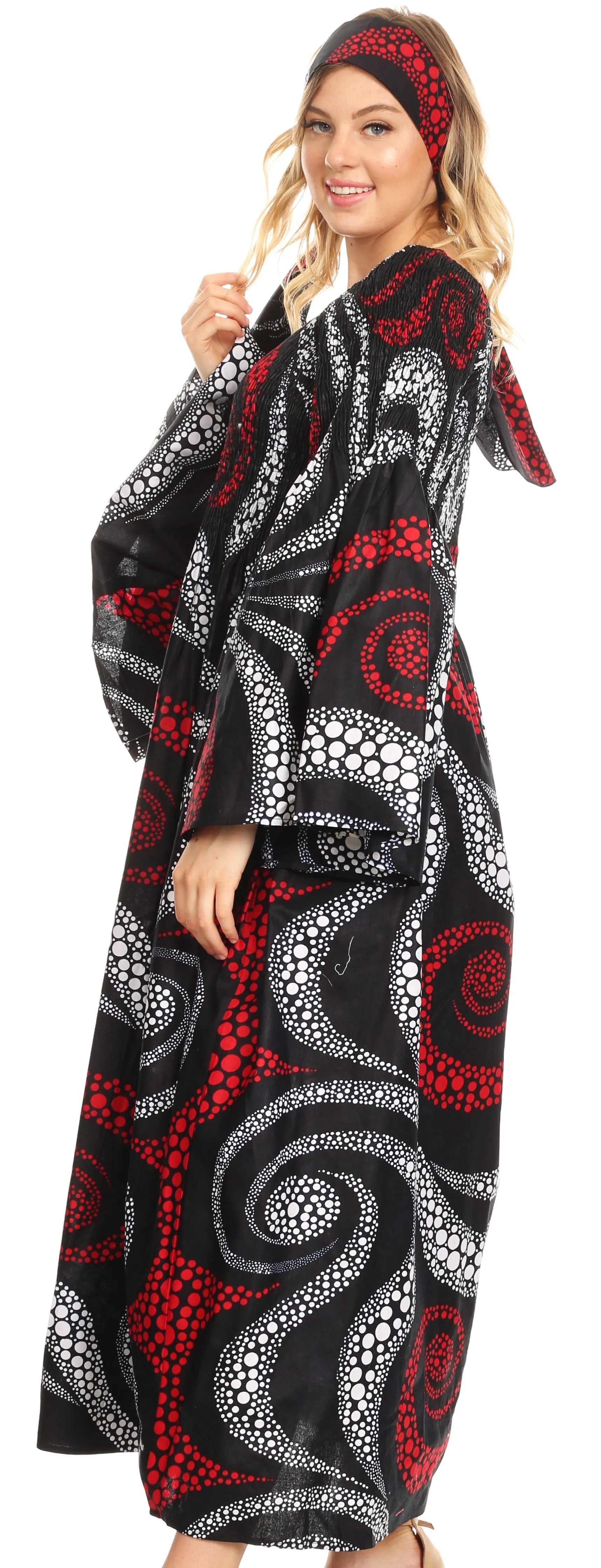 Sakkas Akela Women's Gypsy Peasant Boho Smocked Dress in African Ankara Print