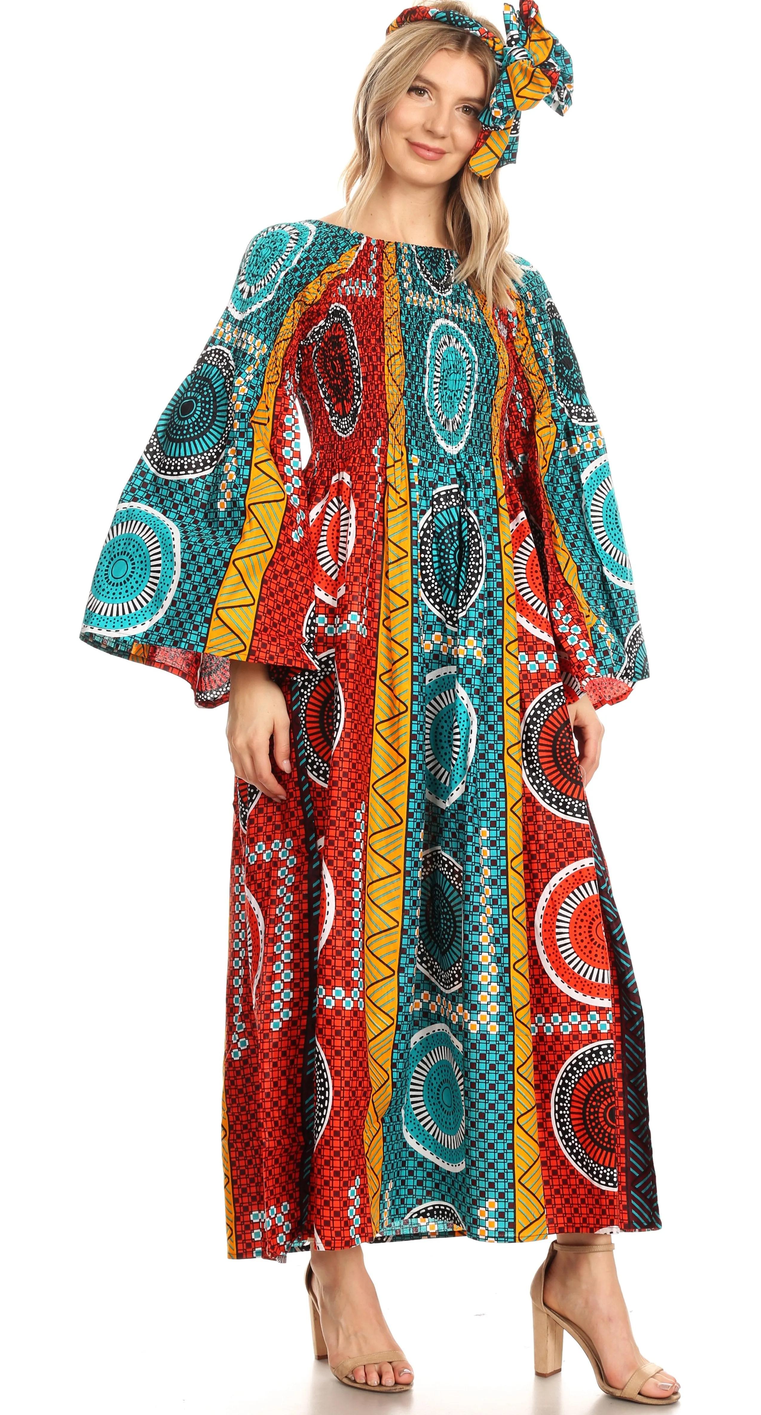 Sakkas Akela Women's Gypsy Peasant Boho Smocked Dress in African Ankara Print