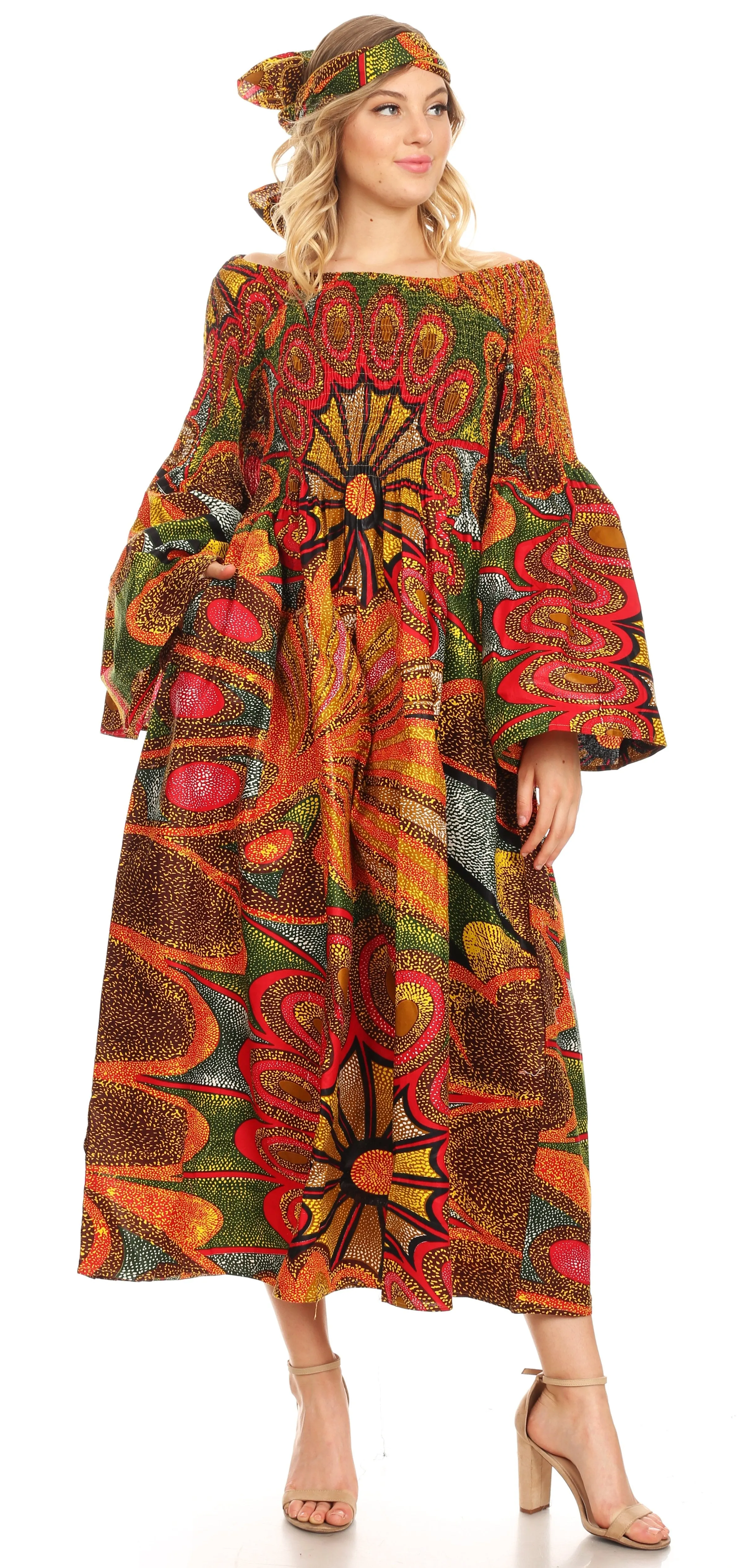 Sakkas Akela Women's Gypsy Peasant Boho Smocked Dress in African Ankara Print