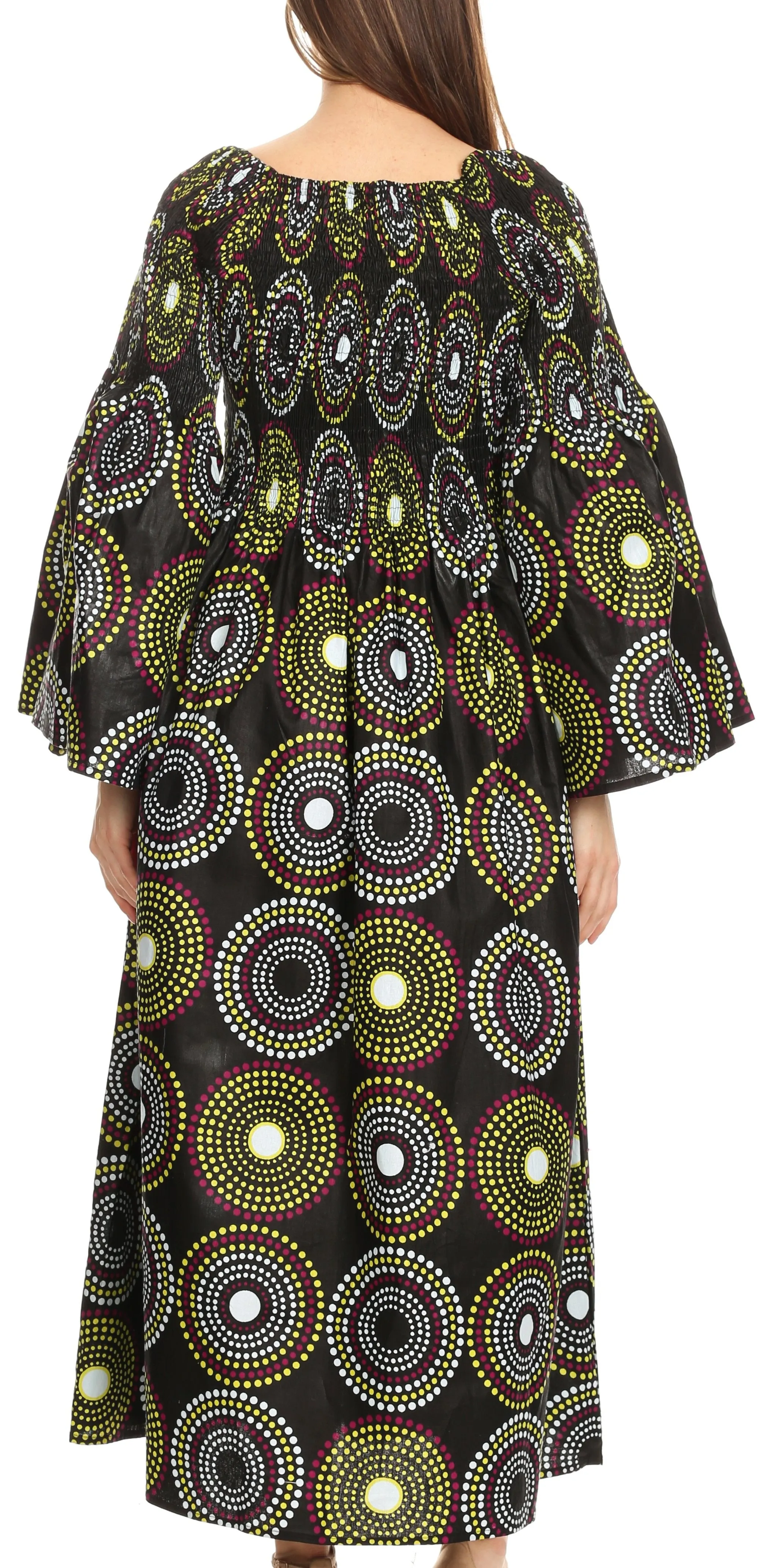 Sakkas Akela Women's Gypsy Peasant Boho Smocked Dress in African Ankara Print