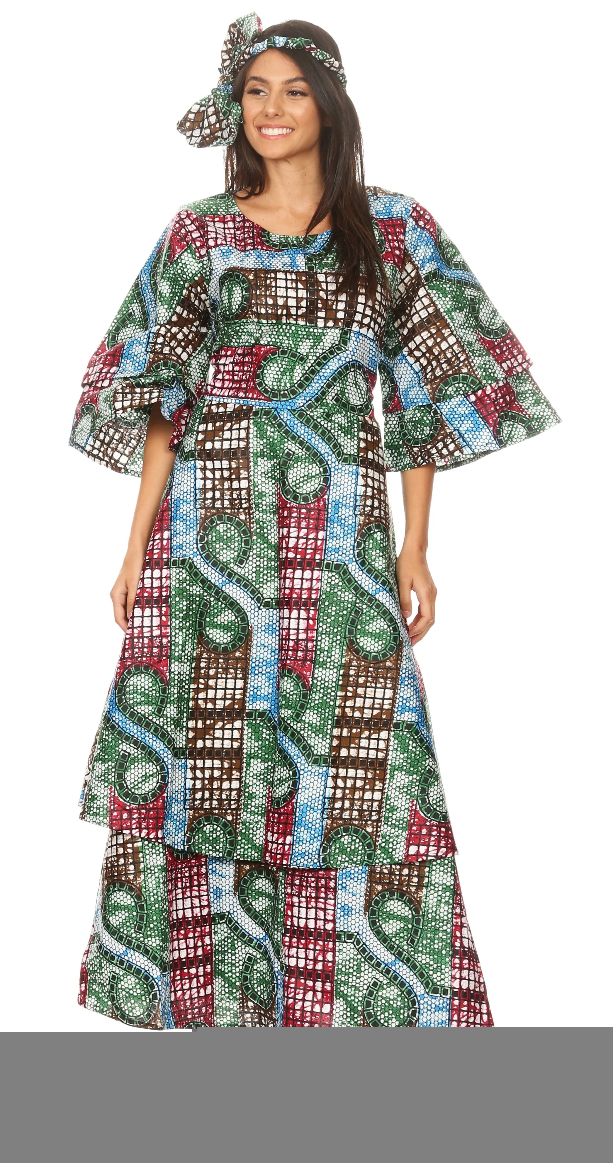 Sakkas Akela Women's Gypsy Peasant Boho Smocked Dress in African Ankara Print