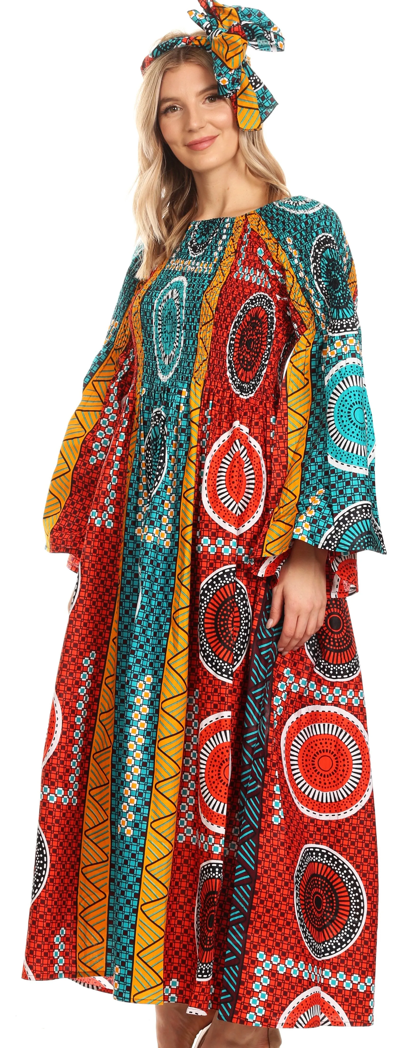 Sakkas Akela Women's Gypsy Peasant Boho Smocked Dress in African Ankara Print