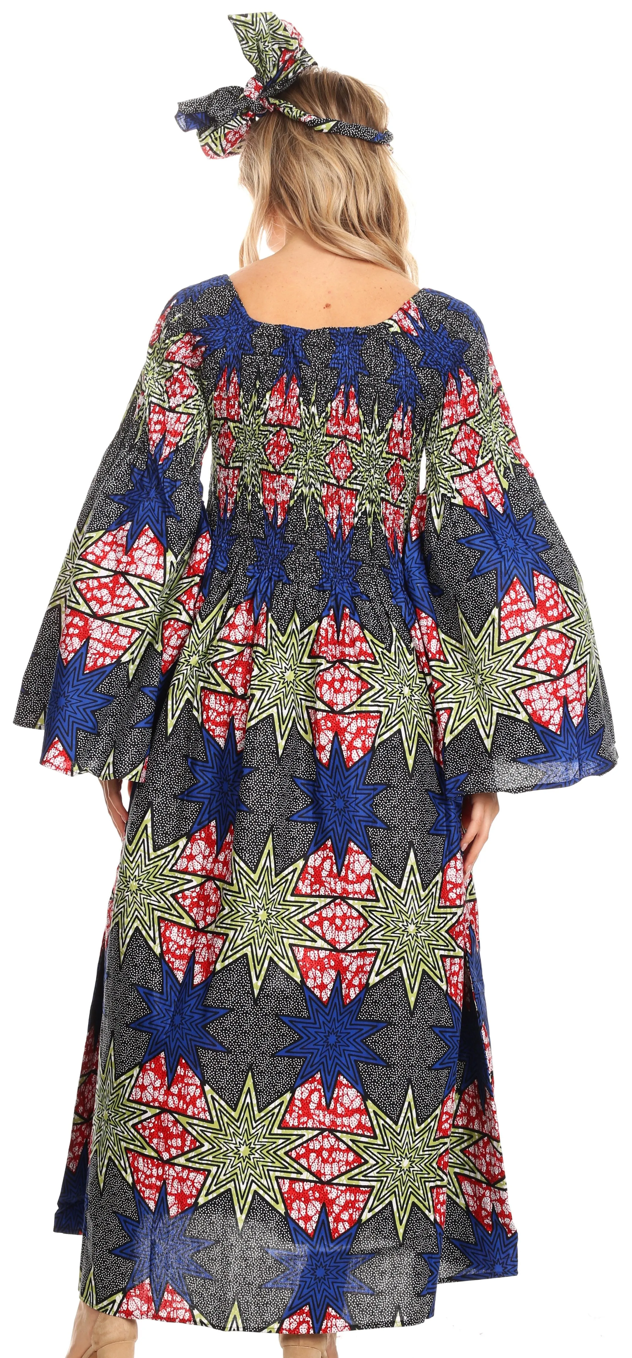 Sakkas Akela Women's Gypsy Peasant Boho Smocked Dress in African Ankara Print