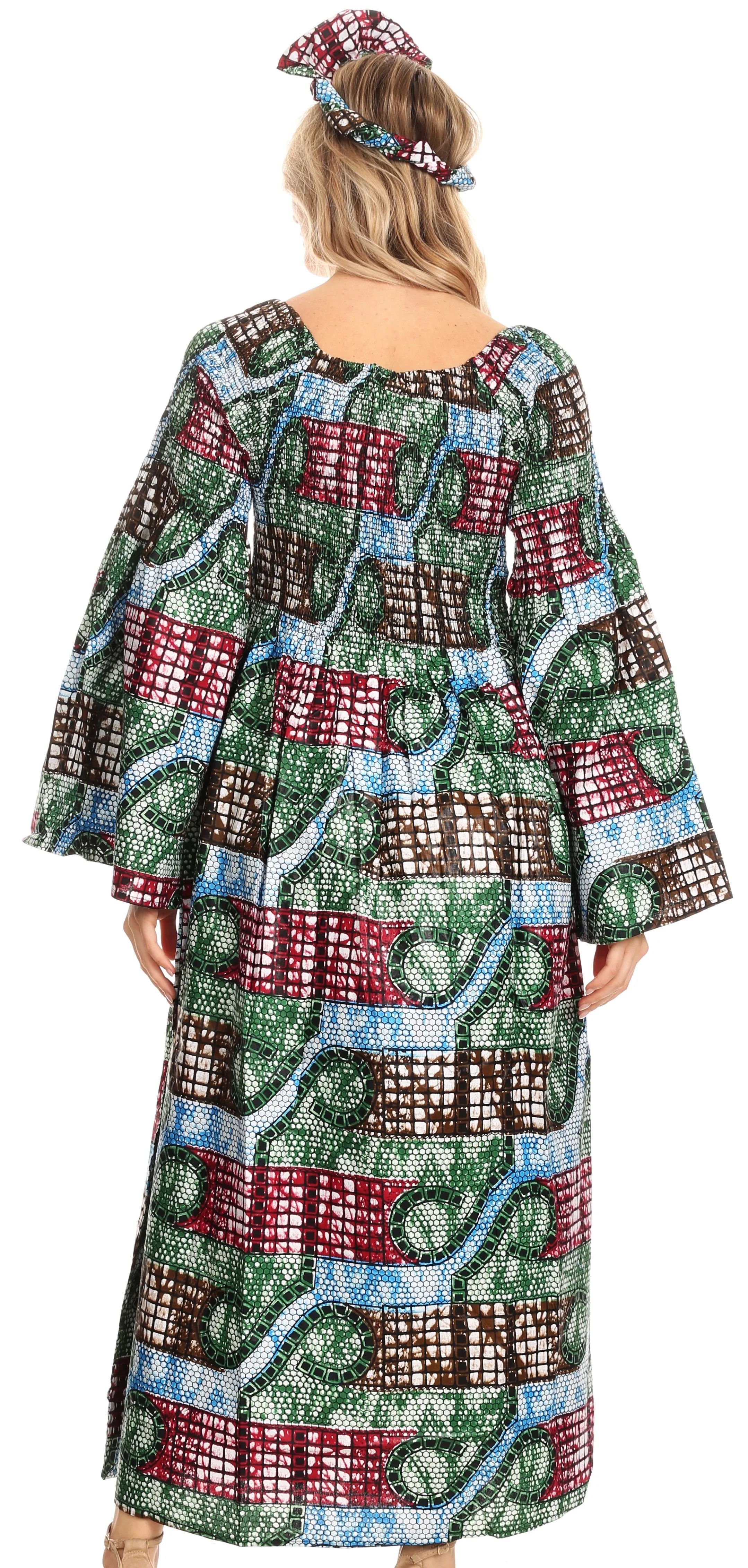 Sakkas Akela Women's Gypsy Peasant Boho Smocked Dress in African Ankara Print