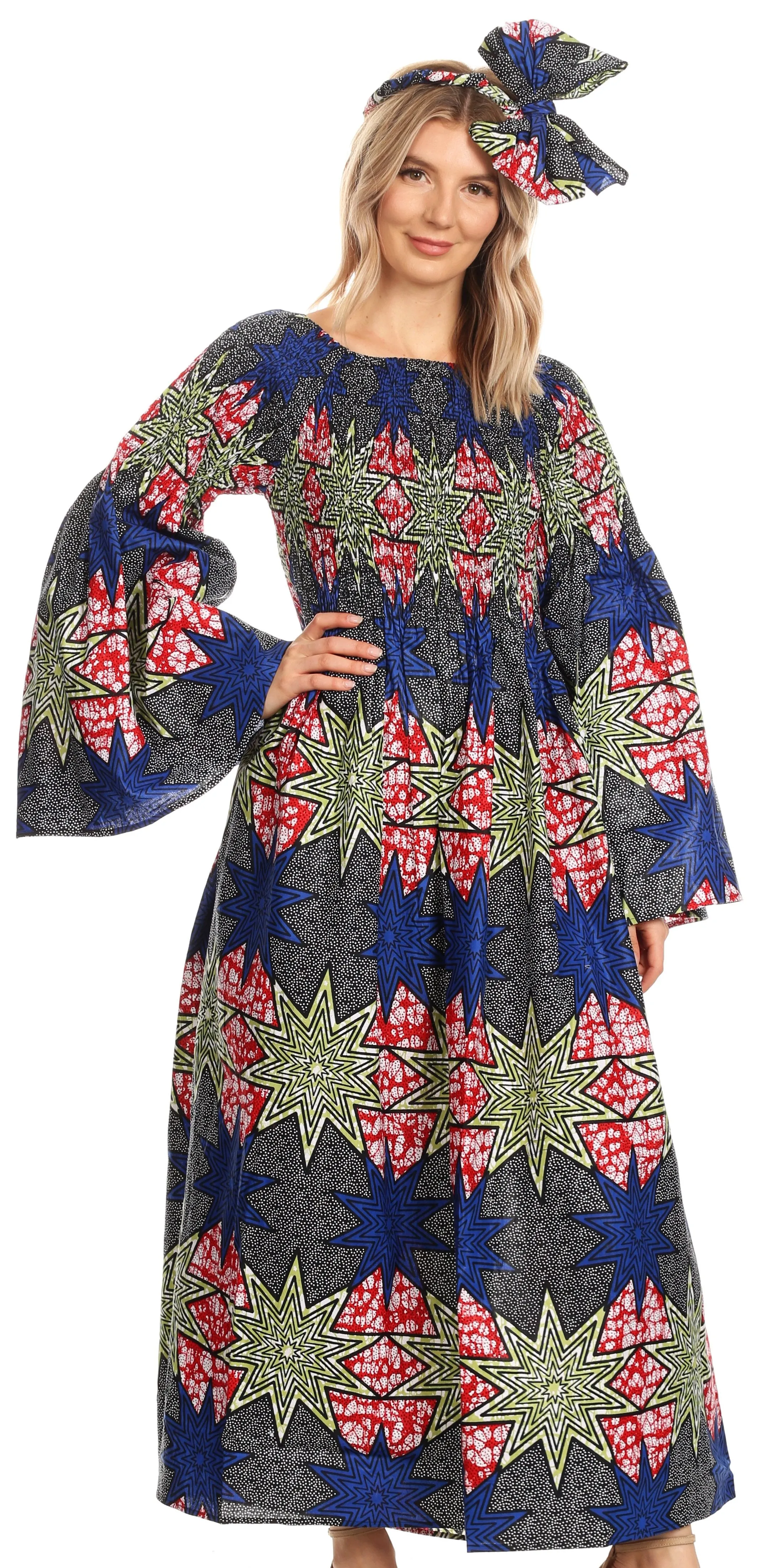 Sakkas Akela Women's Gypsy Peasant Boho Smocked Dress in African Ankara Print