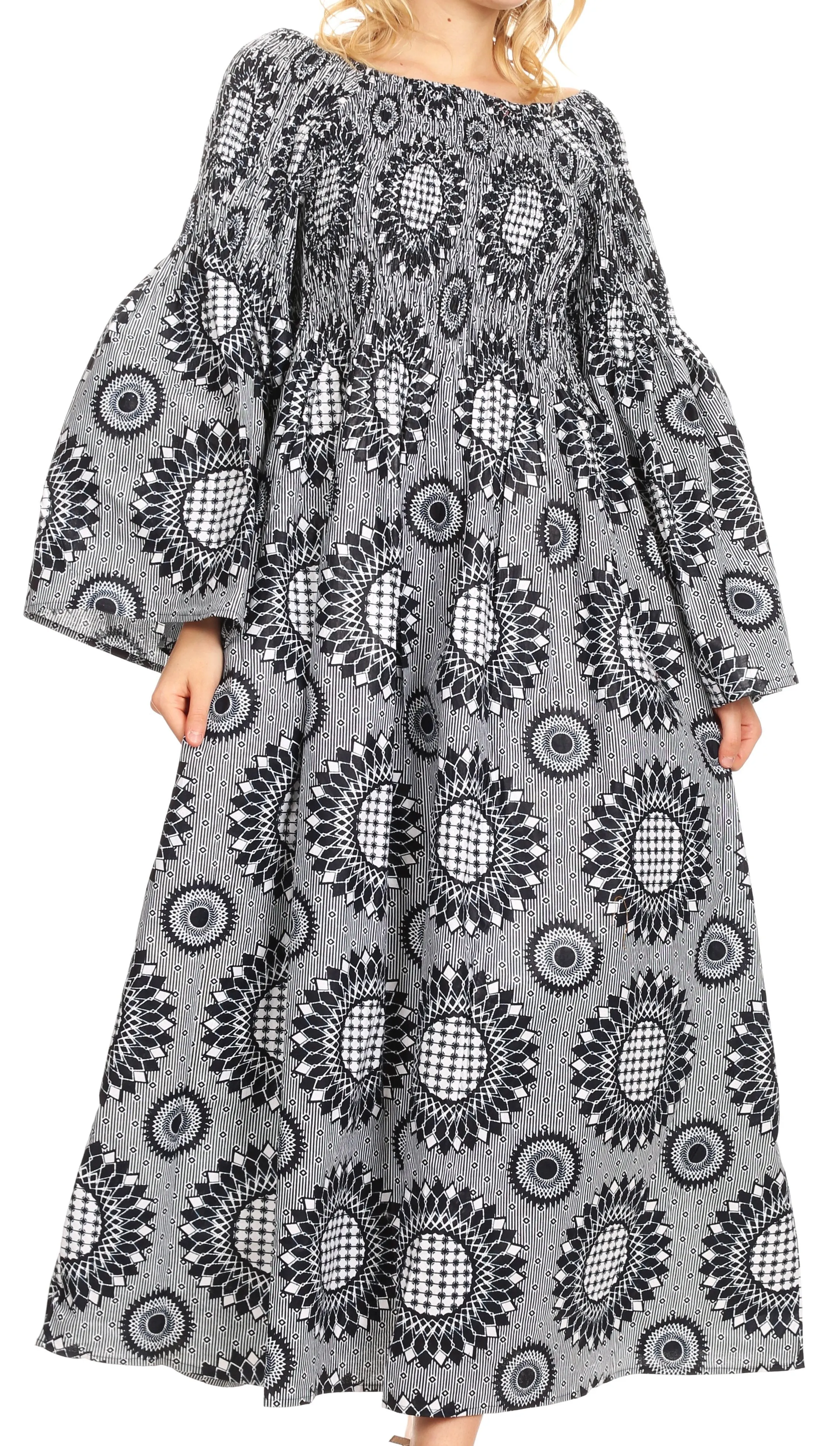 Sakkas Akela Women's Gypsy Peasant Boho Smocked Dress in African Ankara Print