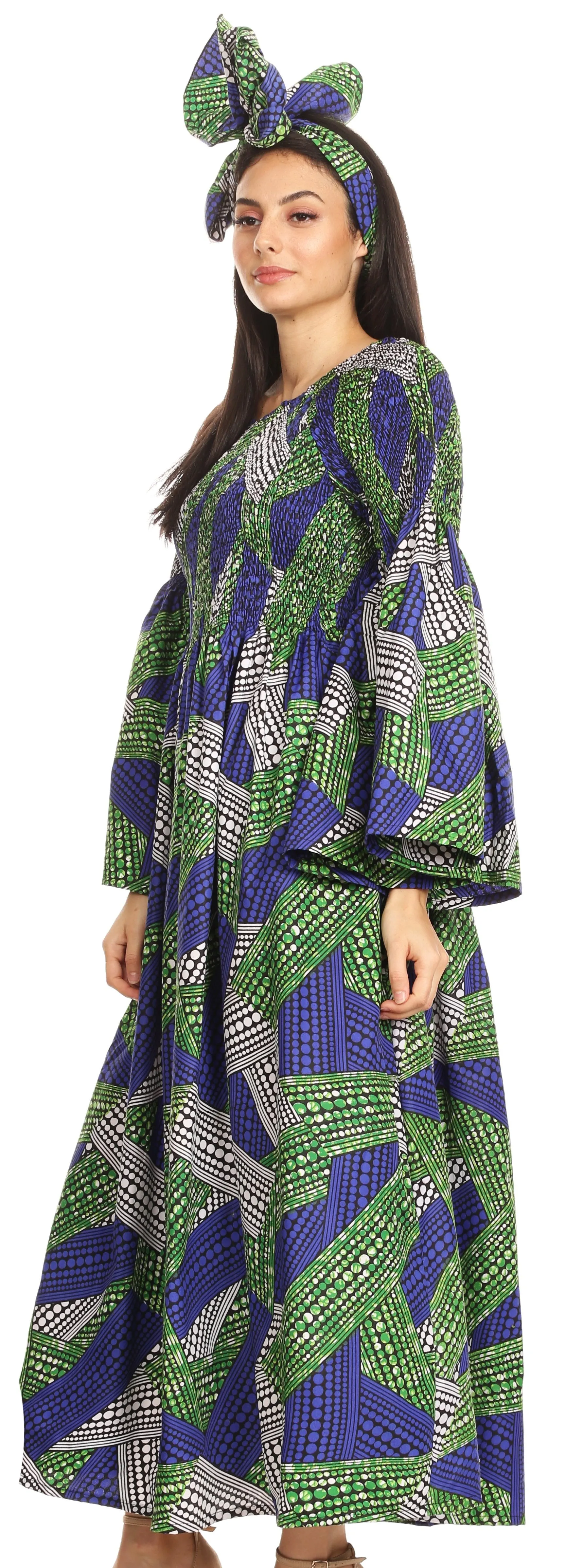 Sakkas Akela Women's Gypsy Peasant Boho Smocked Dress in African Ankara Print