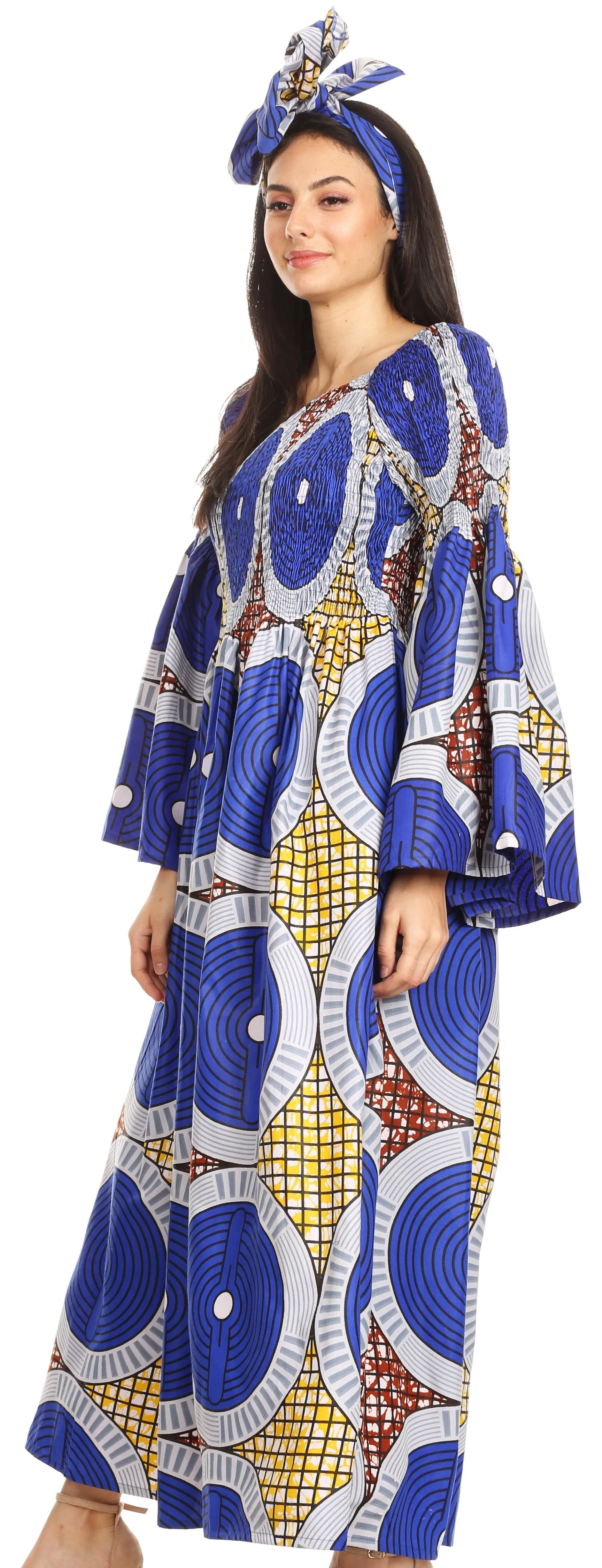 Sakkas Akela Women's Gypsy Peasant Boho Smocked Dress in African Ankara Print