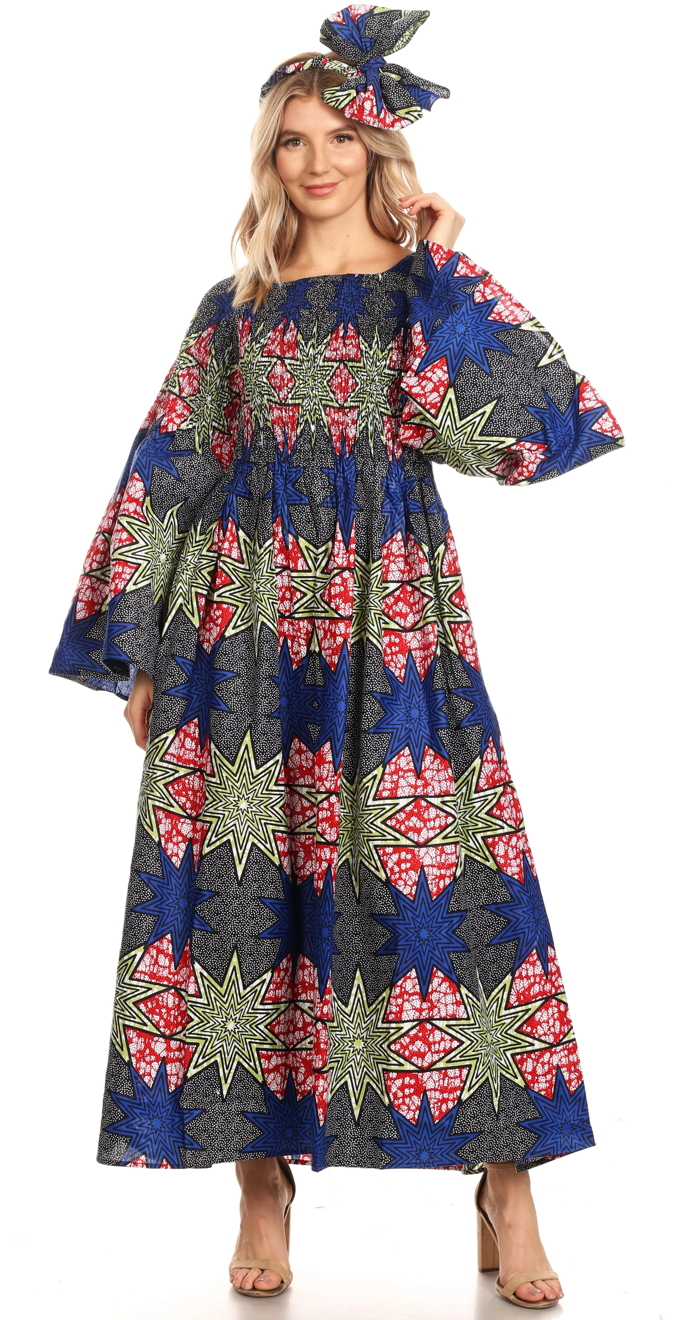 Sakkas Akela Women's Gypsy Peasant Boho Smocked Dress in African Ankara Print