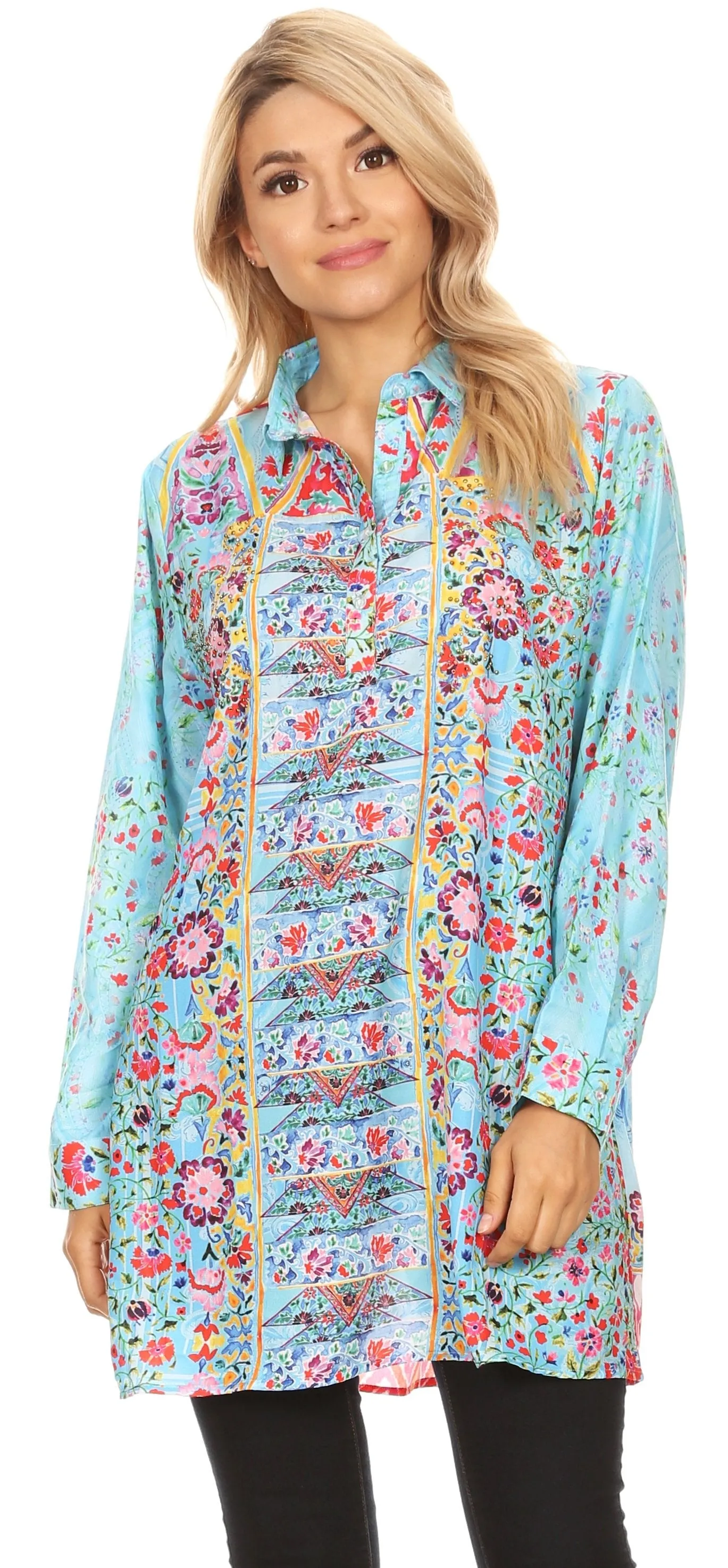 Sakkas Alberta Womens Long Blouse Tunic Shirt with 3/4 Sleeve and Embellishing