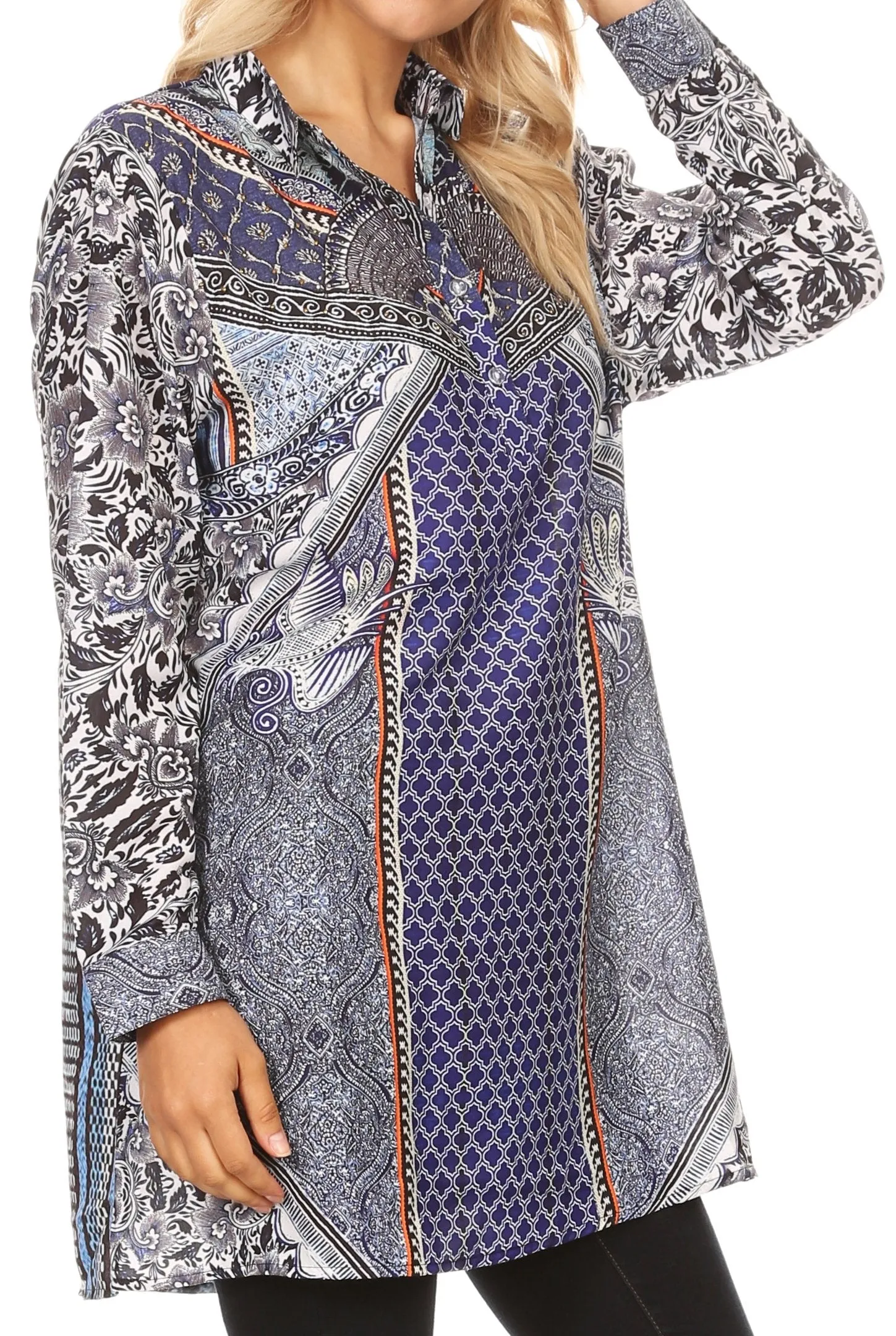 Sakkas Alberta Womens Long Blouse Tunic Shirt with 3/4 Sleeve and Embellishing