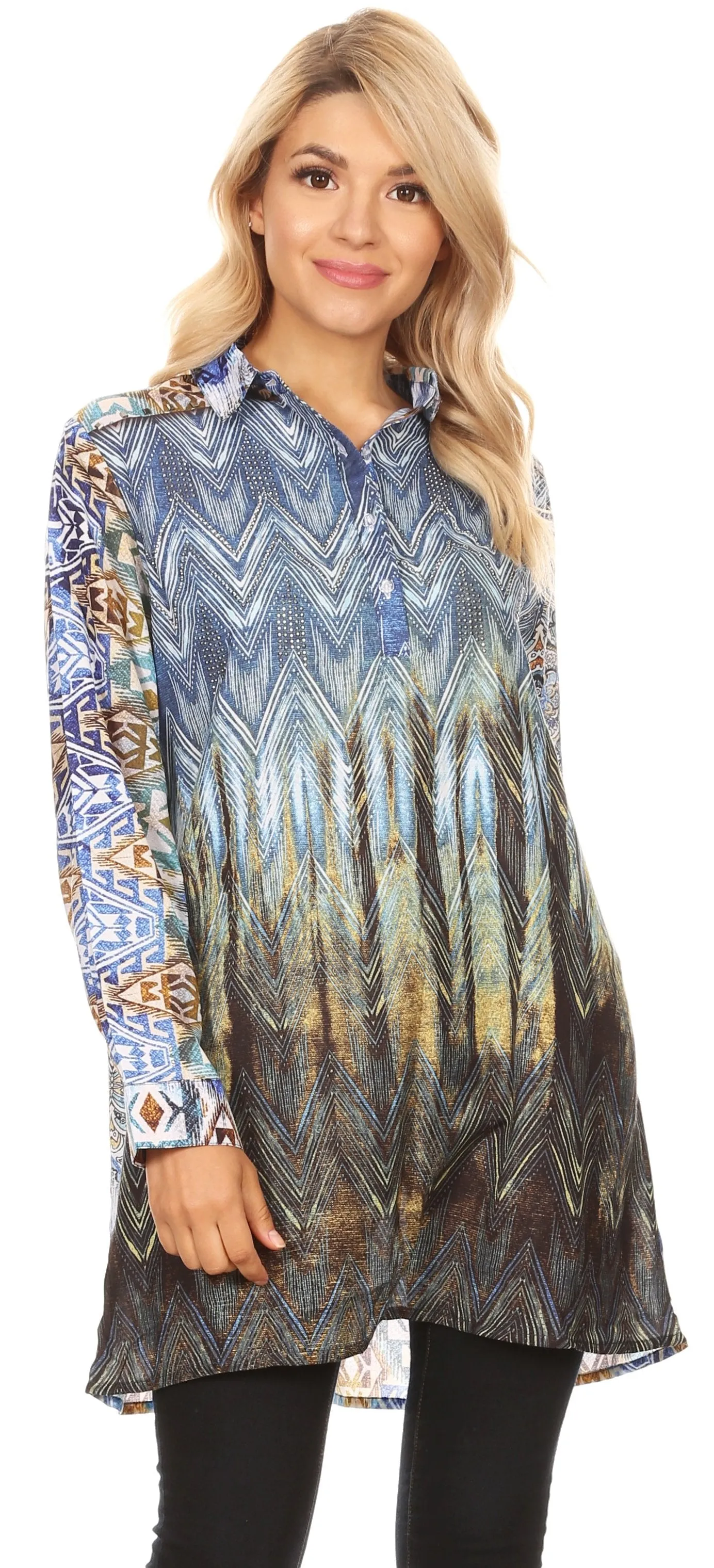 Sakkas Alberta Womens Long Blouse Tunic Shirt with 3/4 Sleeve and Embellishing