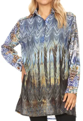 Sakkas Alberta Womens Long Blouse Tunic Shirt with 3/4 Sleeve and Embellishing