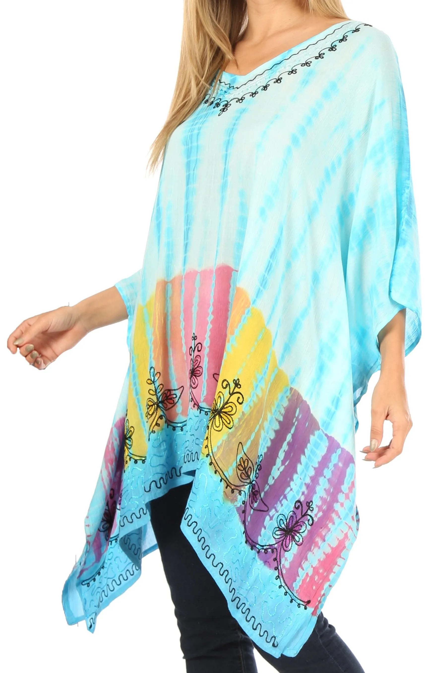 Sakkas Eliana Wide Long Tall Embroidered Tie Dye Ombre Batik Poncho Top Blouse