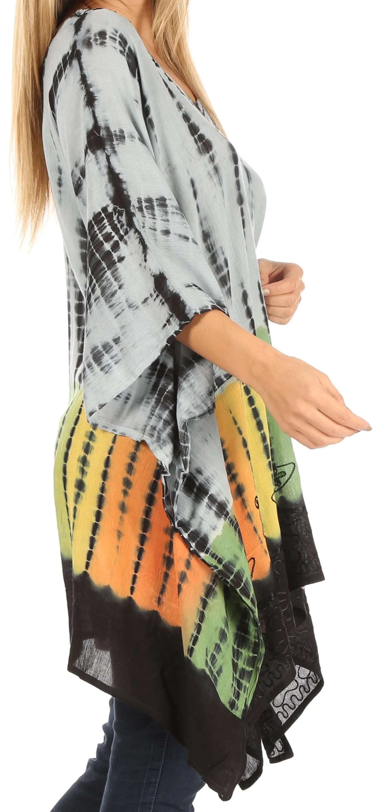 Sakkas Eliana Wide Long Tall Embroidered Tie Dye Ombre Batik Poncho Top Blouse