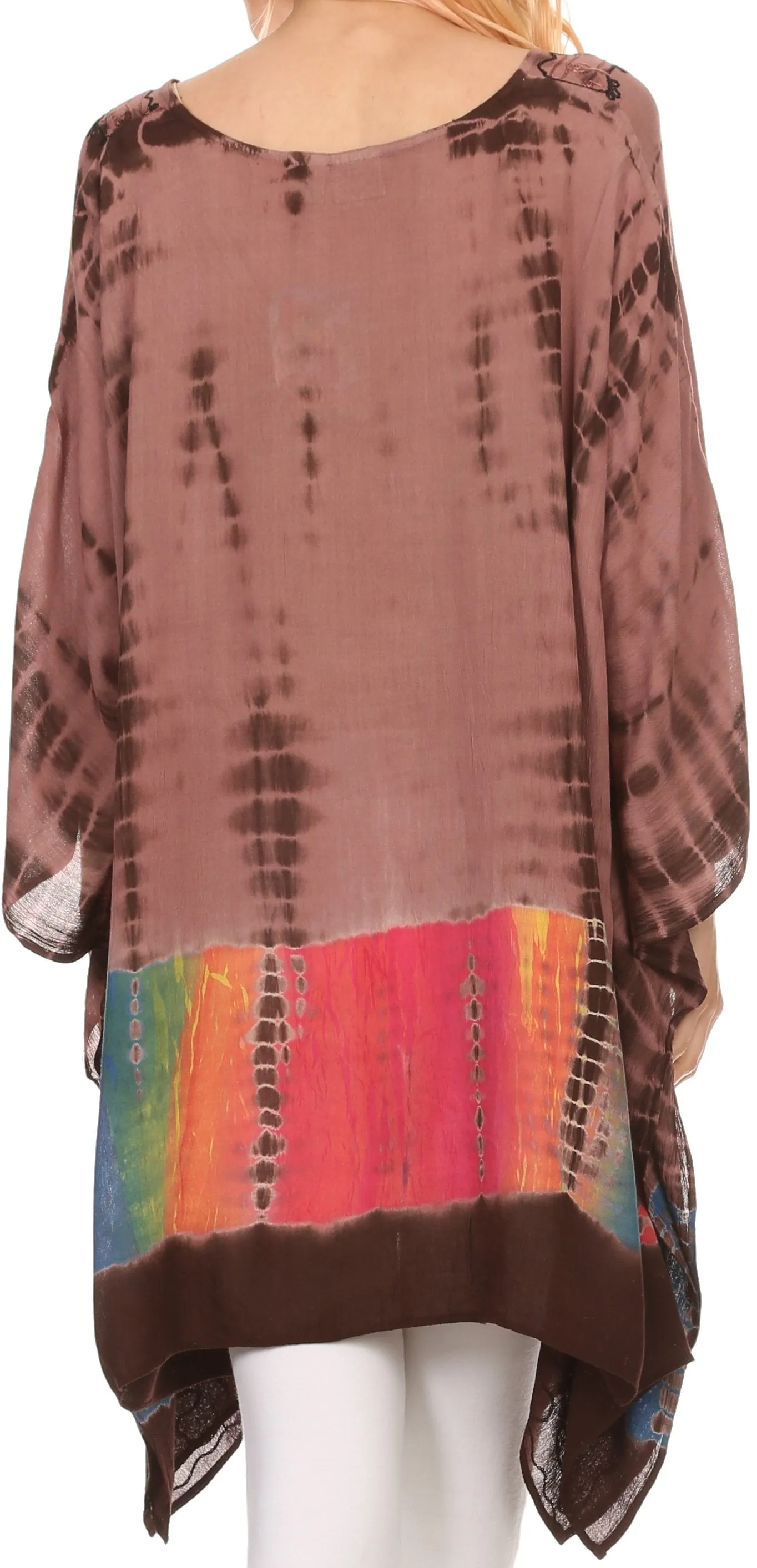 Sakkas Eliana Wide Long Tall Embroidered Tie Dye Ombre Batik Poncho Top Blouse