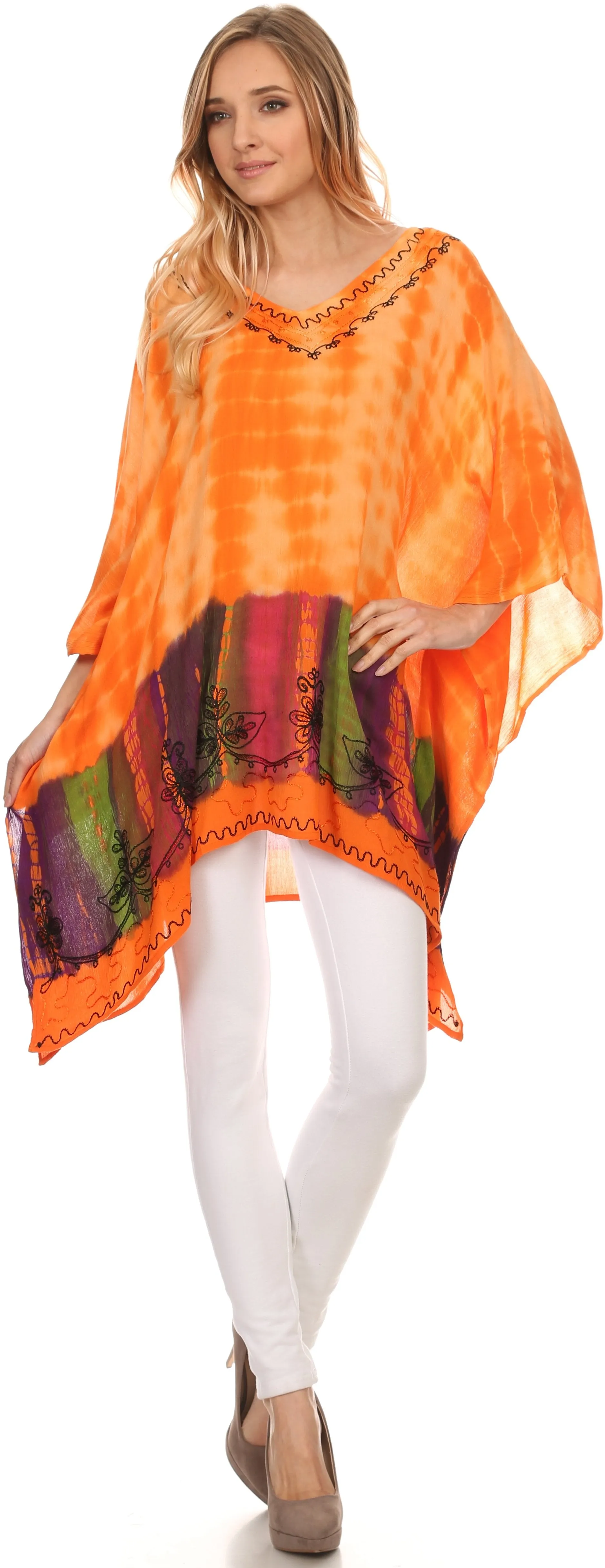 Sakkas Eliana Wide Long Tall Embroidered Tie Dye Ombre Batik Poncho Top Blouse