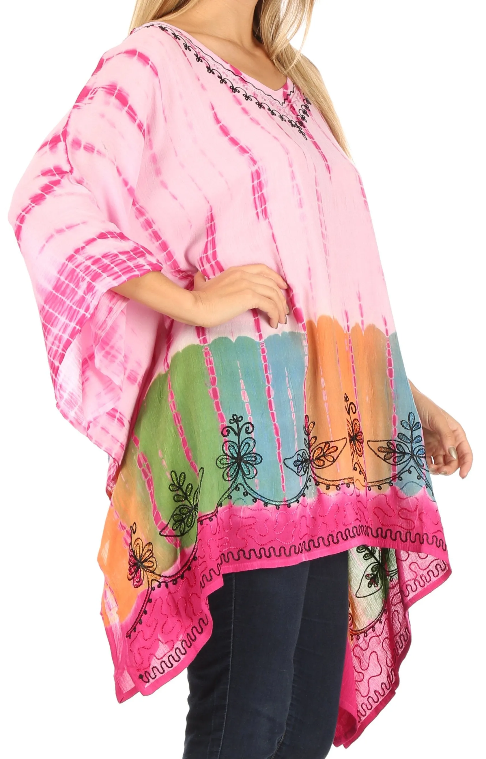 Sakkas Eliana Wide Long Tall Embroidered Tie Dye Ombre Batik Poncho Top Blouse