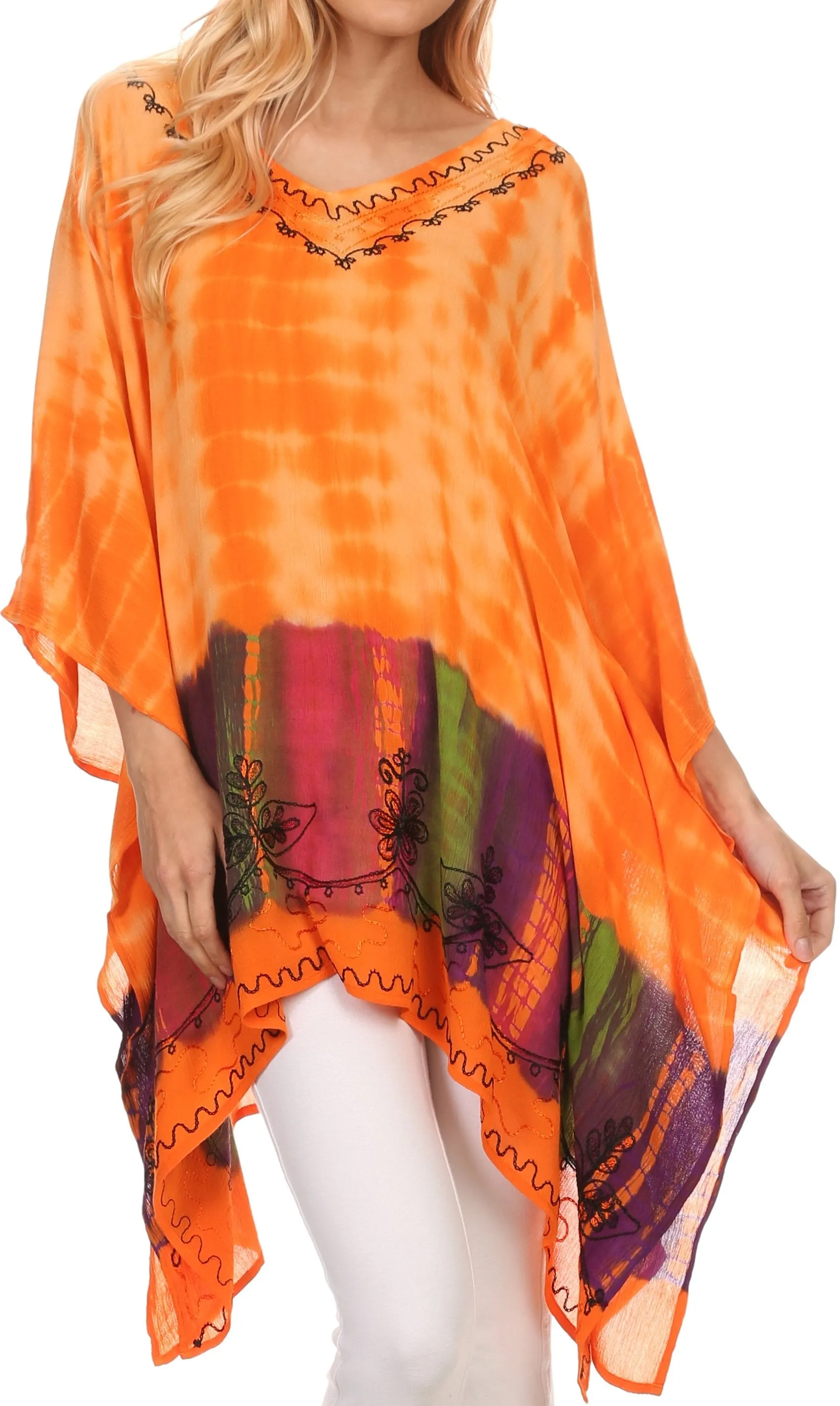 Sakkas Eliana Wide Long Tall Embroidered Tie Dye Ombre Batik Poncho Top Blouse