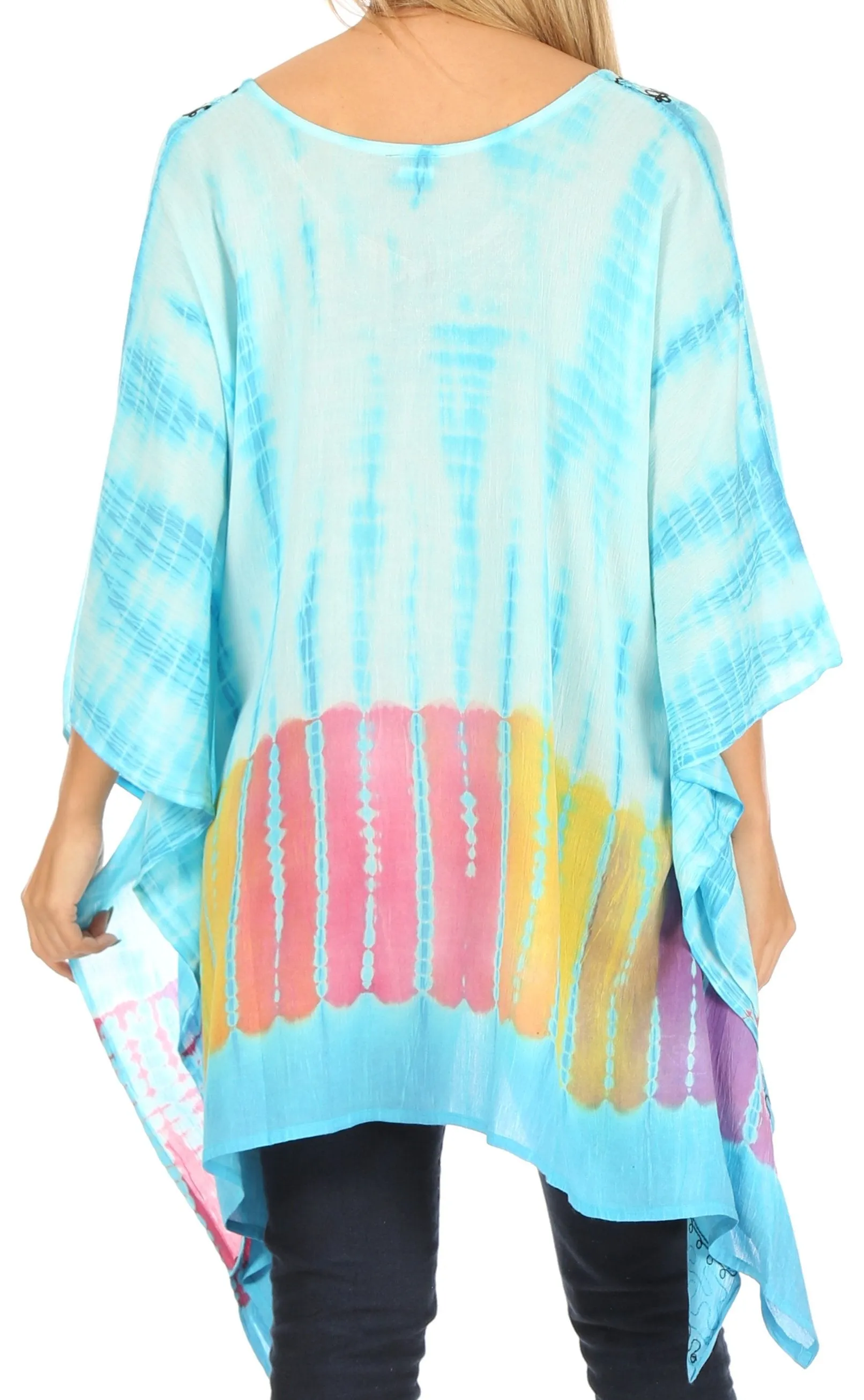 Sakkas Eliana Wide Long Tall Embroidered Tie Dye Ombre Batik Poncho Top Blouse