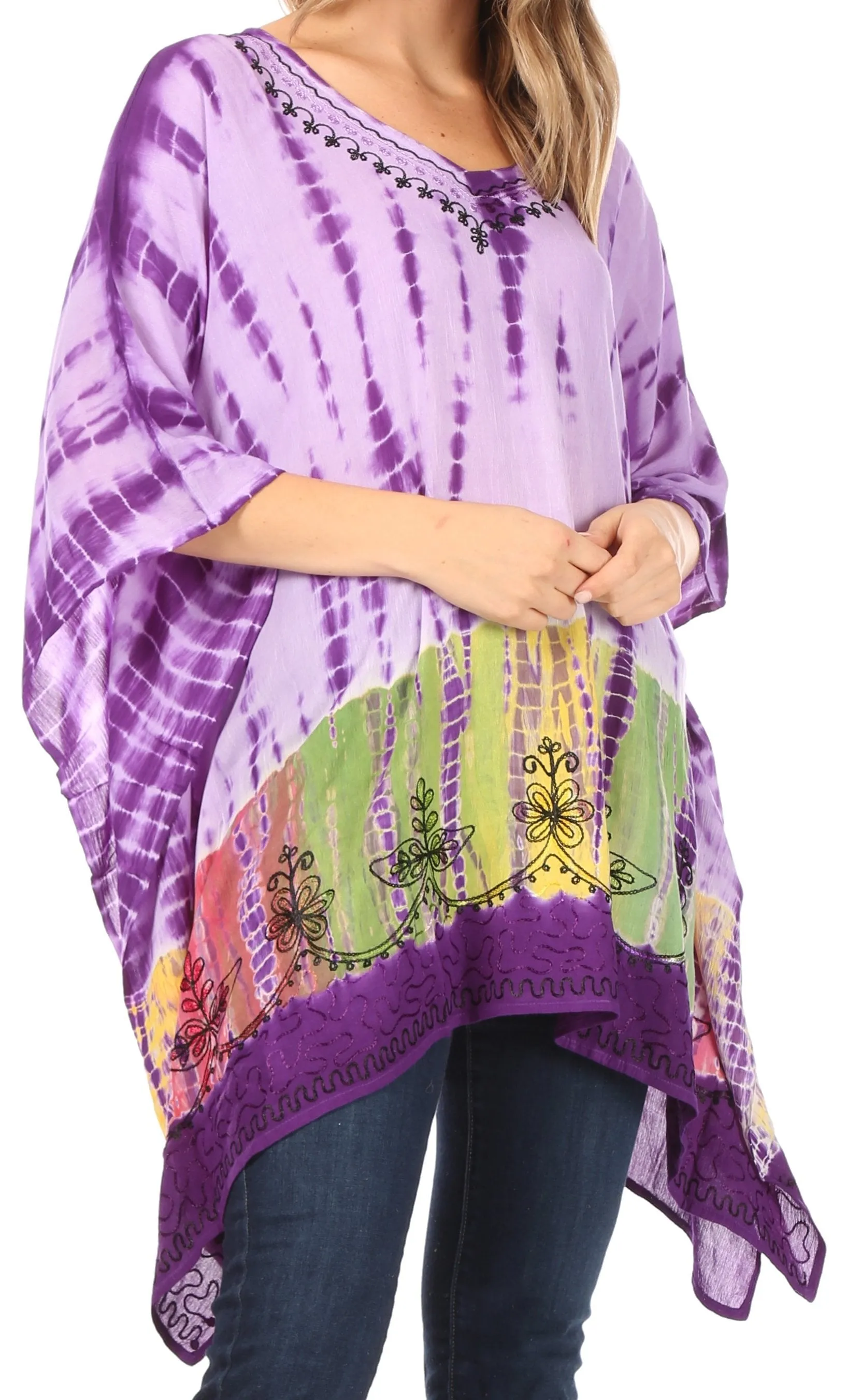 Sakkas Eliana Wide Long Tall Embroidered Tie Dye Ombre Batik Poncho Top Blouse