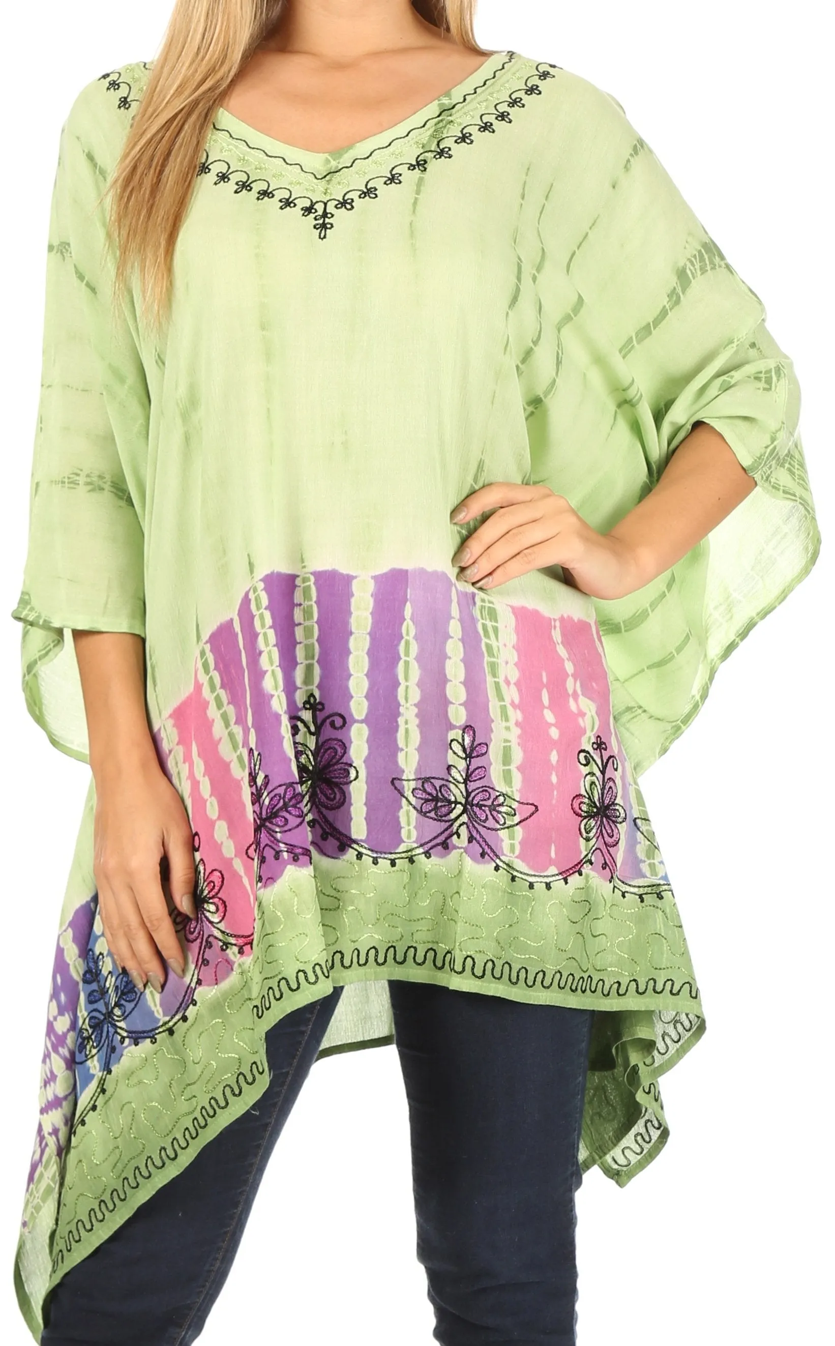 Sakkas Eliana Wide Long Tall Embroidered Tie Dye Ombre Batik Poncho Top Blouse