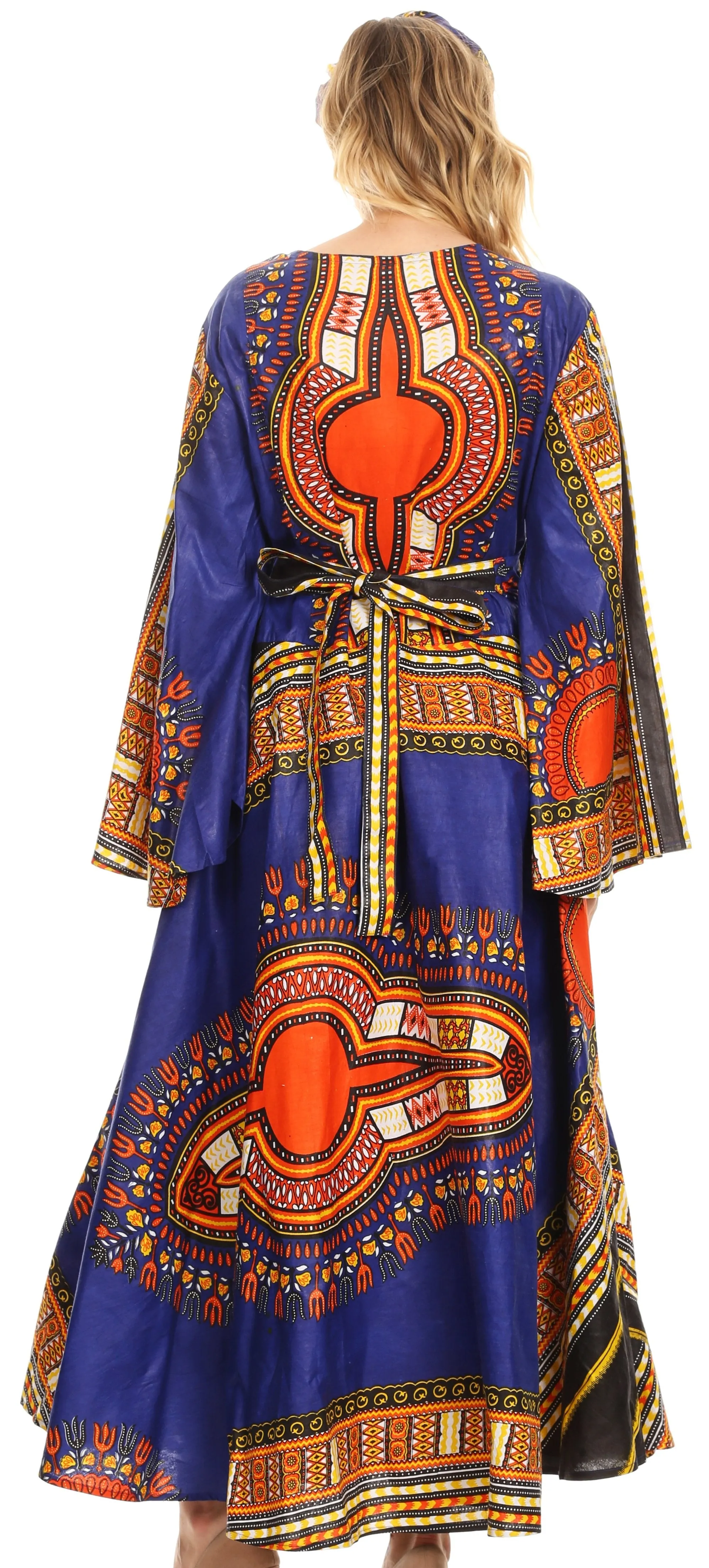 Sakkas Esteva Women's African Dashiki Print V neck Maxi Long Sleeve Wrap Dress