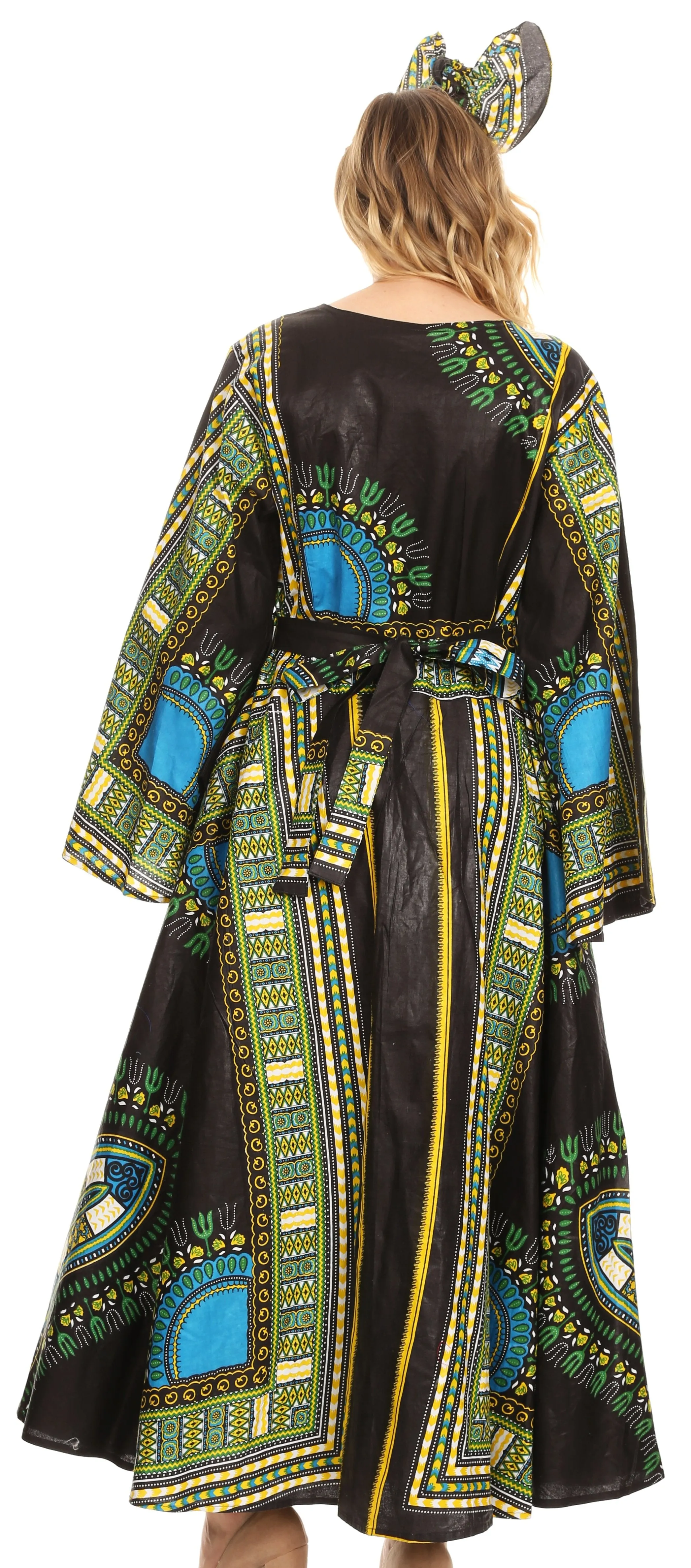 Sakkas Esteva Women's African Dashiki Print V neck Maxi Long Sleeve Wrap Dress