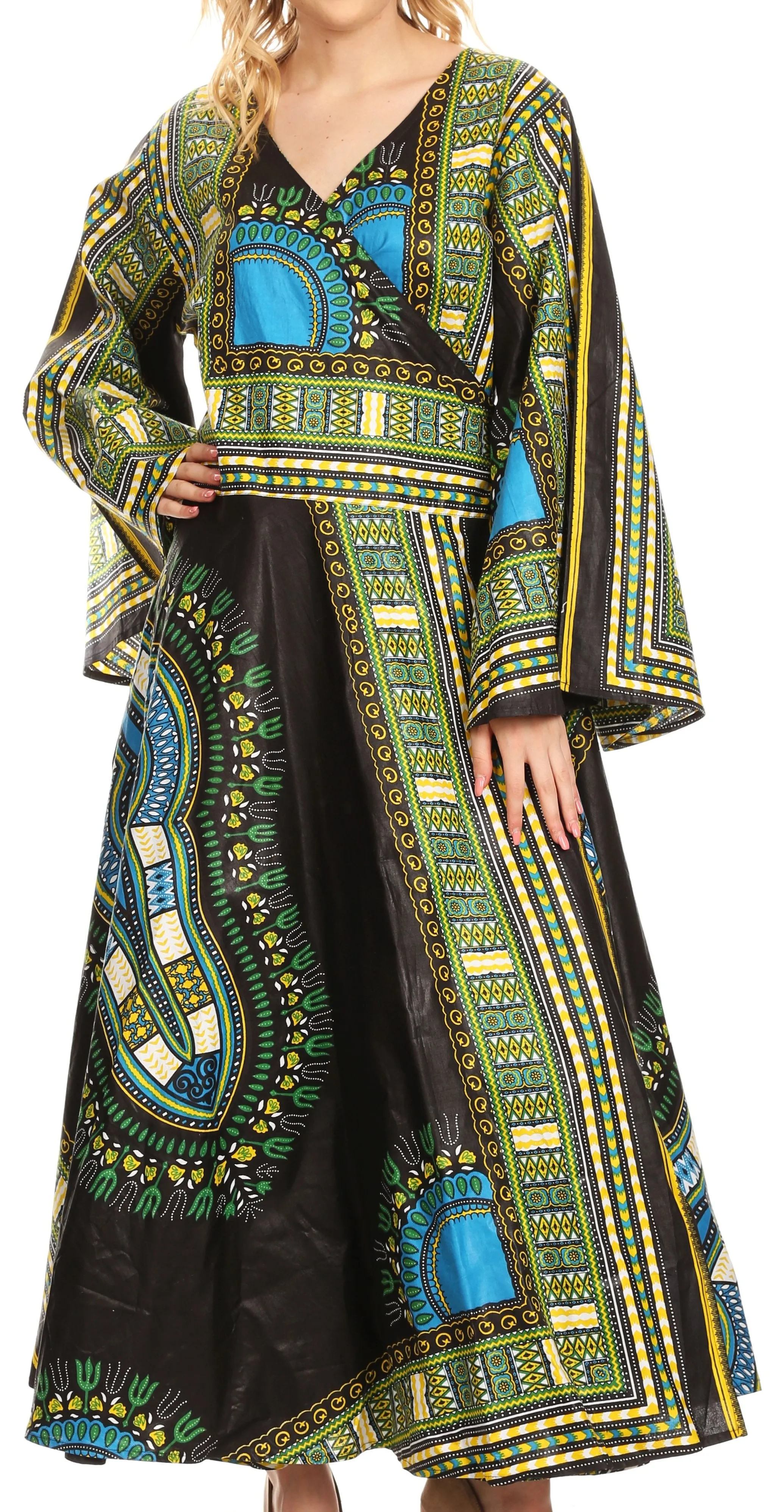 Sakkas Esteva Women's African Dashiki Print V neck Maxi Long Sleeve Wrap Dress