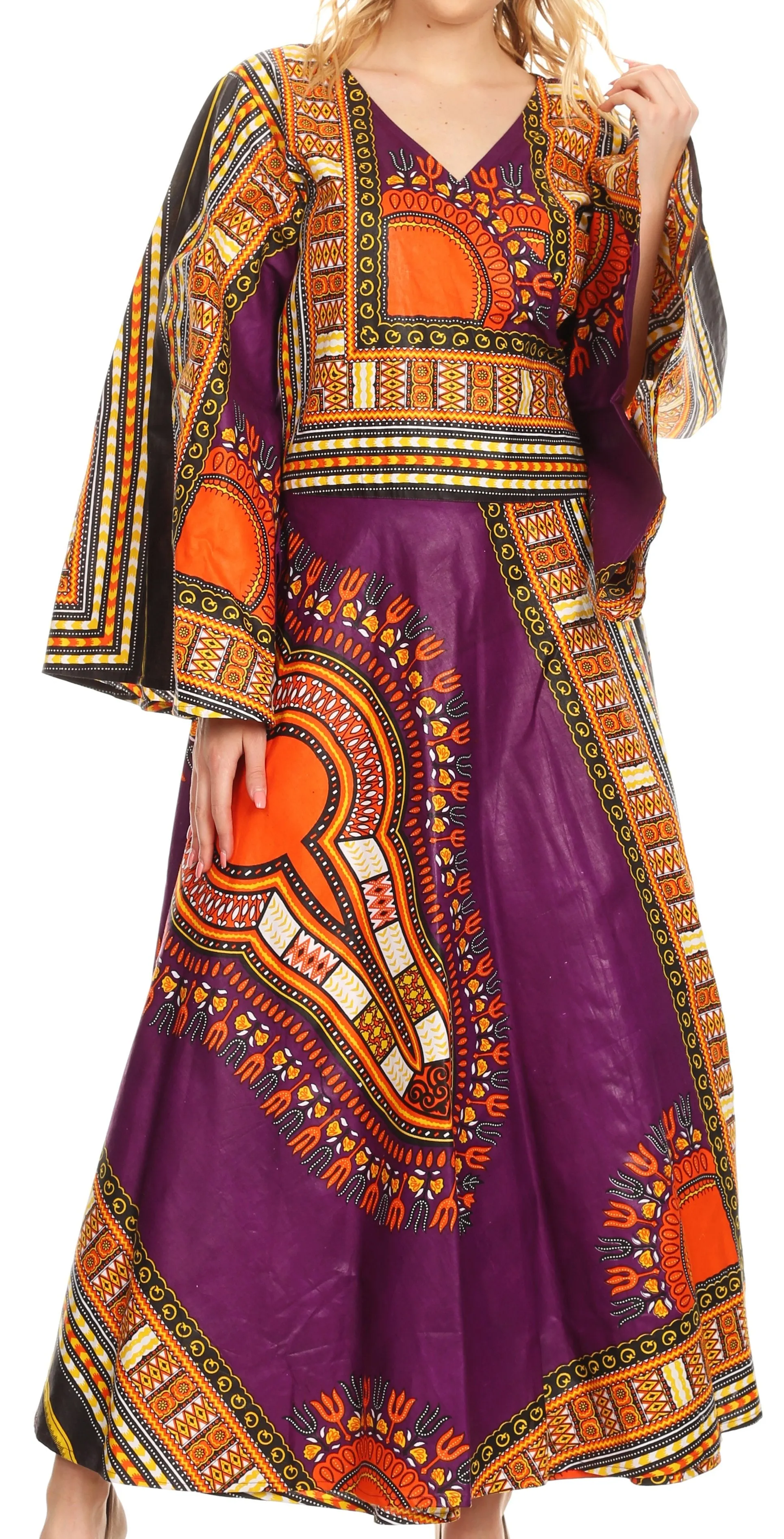 Sakkas Esteva Women's African Dashiki Print V neck Maxi Long Sleeve Wrap Dress