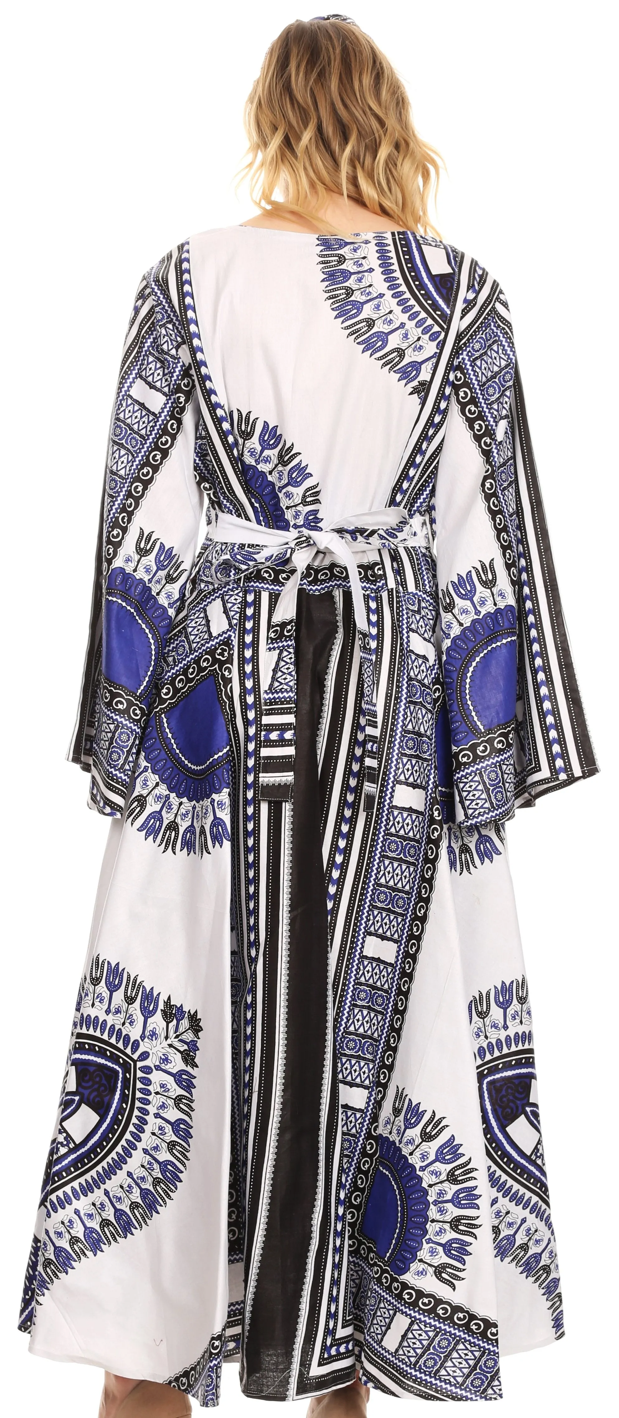 Sakkas Esteva Women's African Dashiki Print V neck Maxi Long Sleeve Wrap Dress