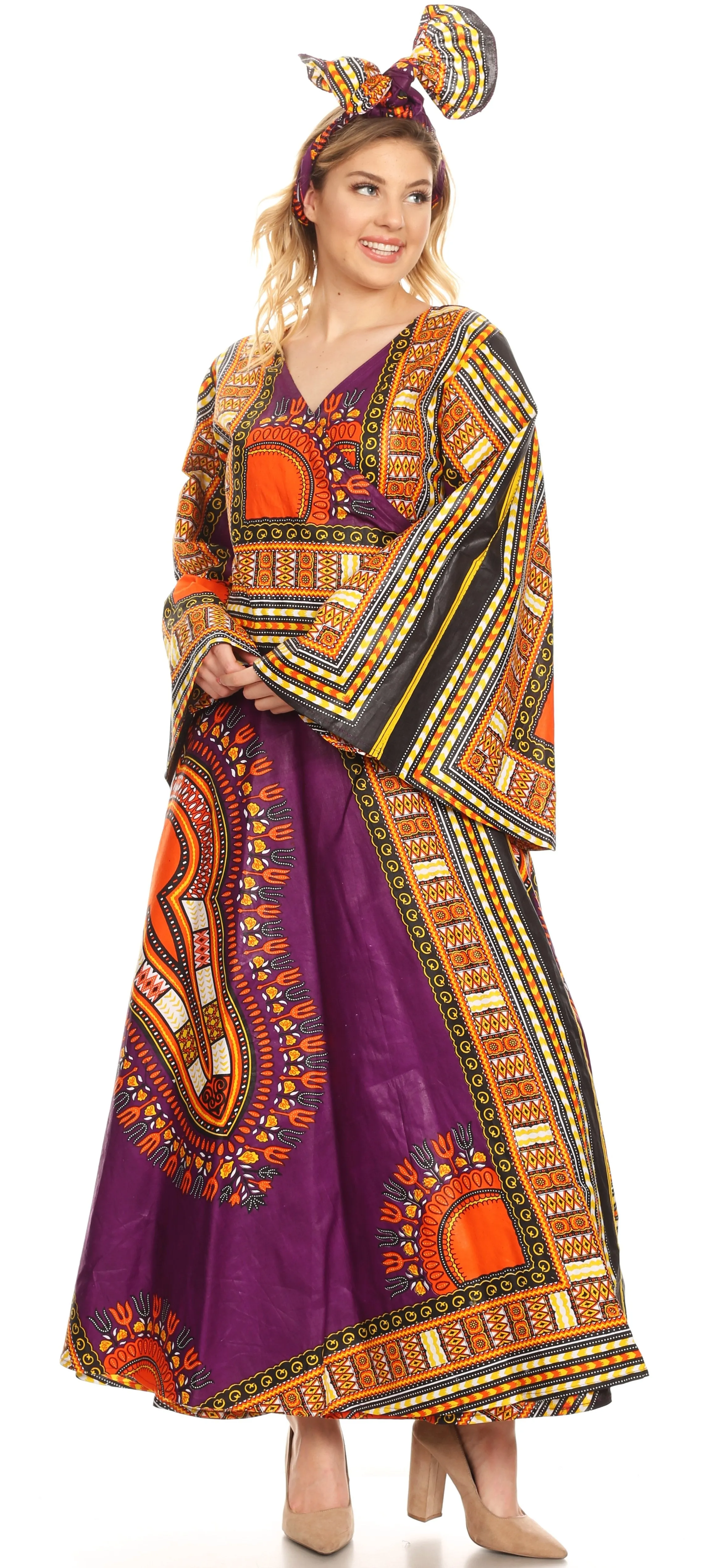 Sakkas Esteva Women's African Dashiki Print V neck Maxi Long Sleeve Wrap Dress